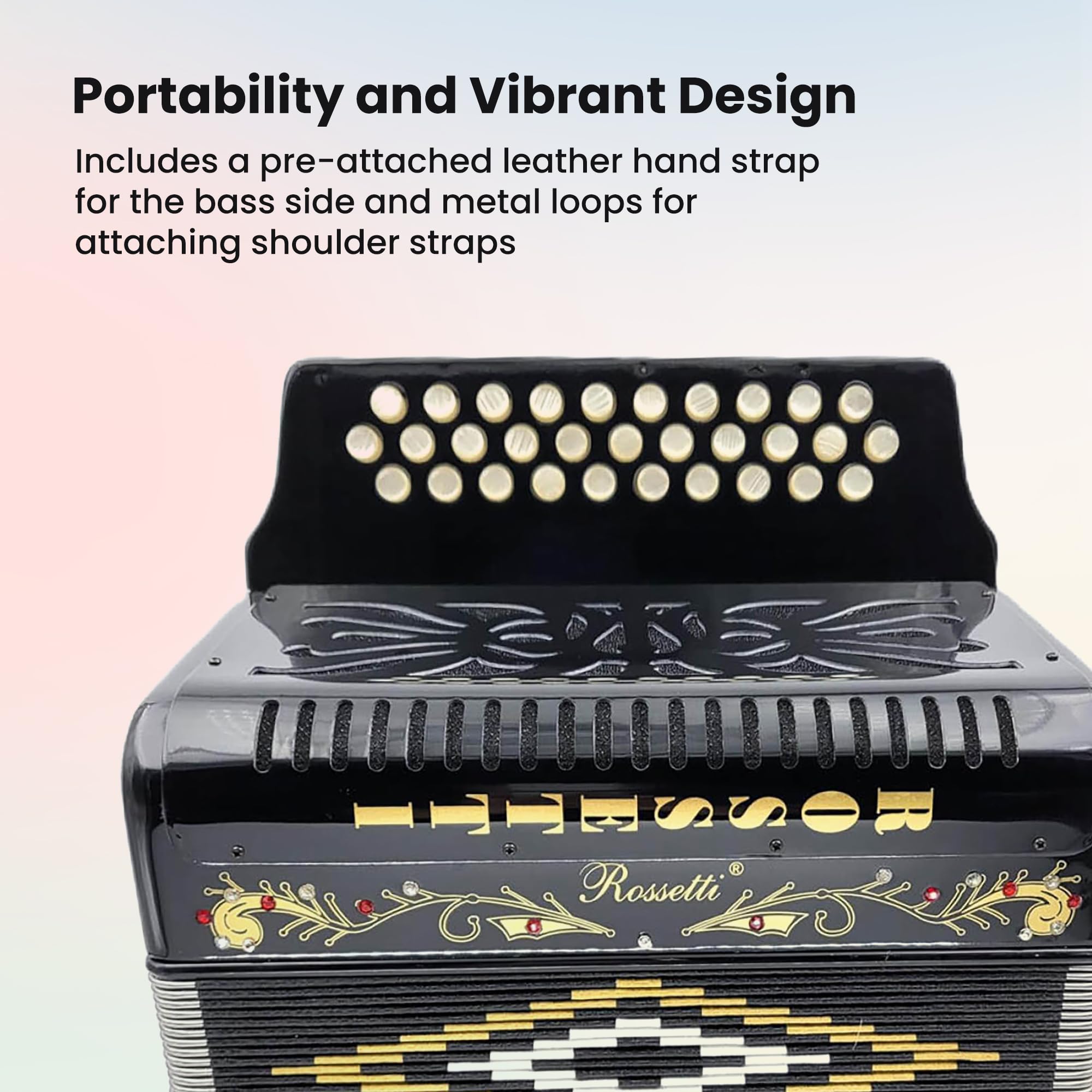 Rossetti 3112 31-Button 12-Bass Diatonic Accordion, Key of FBE - Gloss Black w/ Hard Case