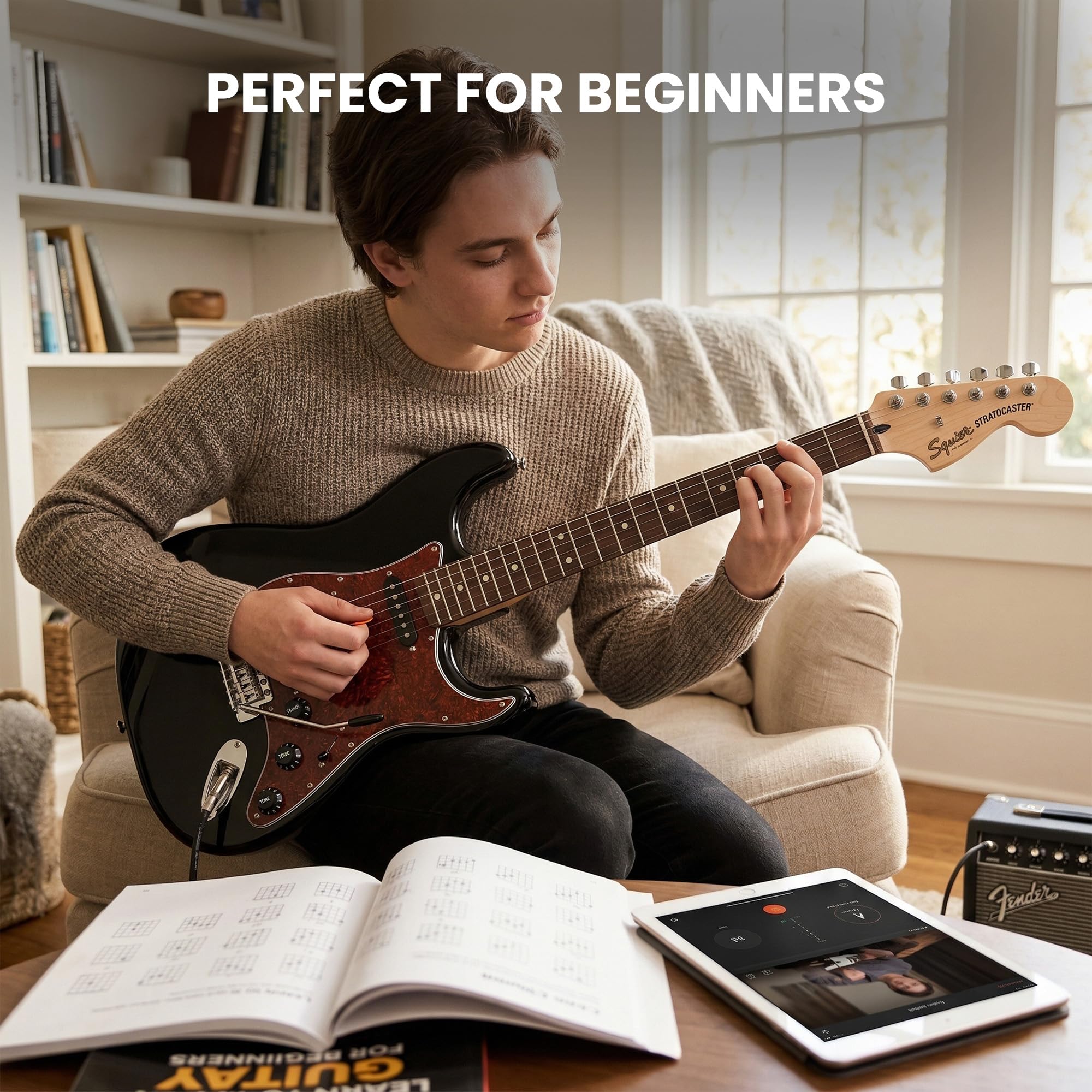 Fender Squier Affinity Stratocaster - Black Limited Edition Tortoise Shell Pickguard w/ Frontman 10G Amplifier