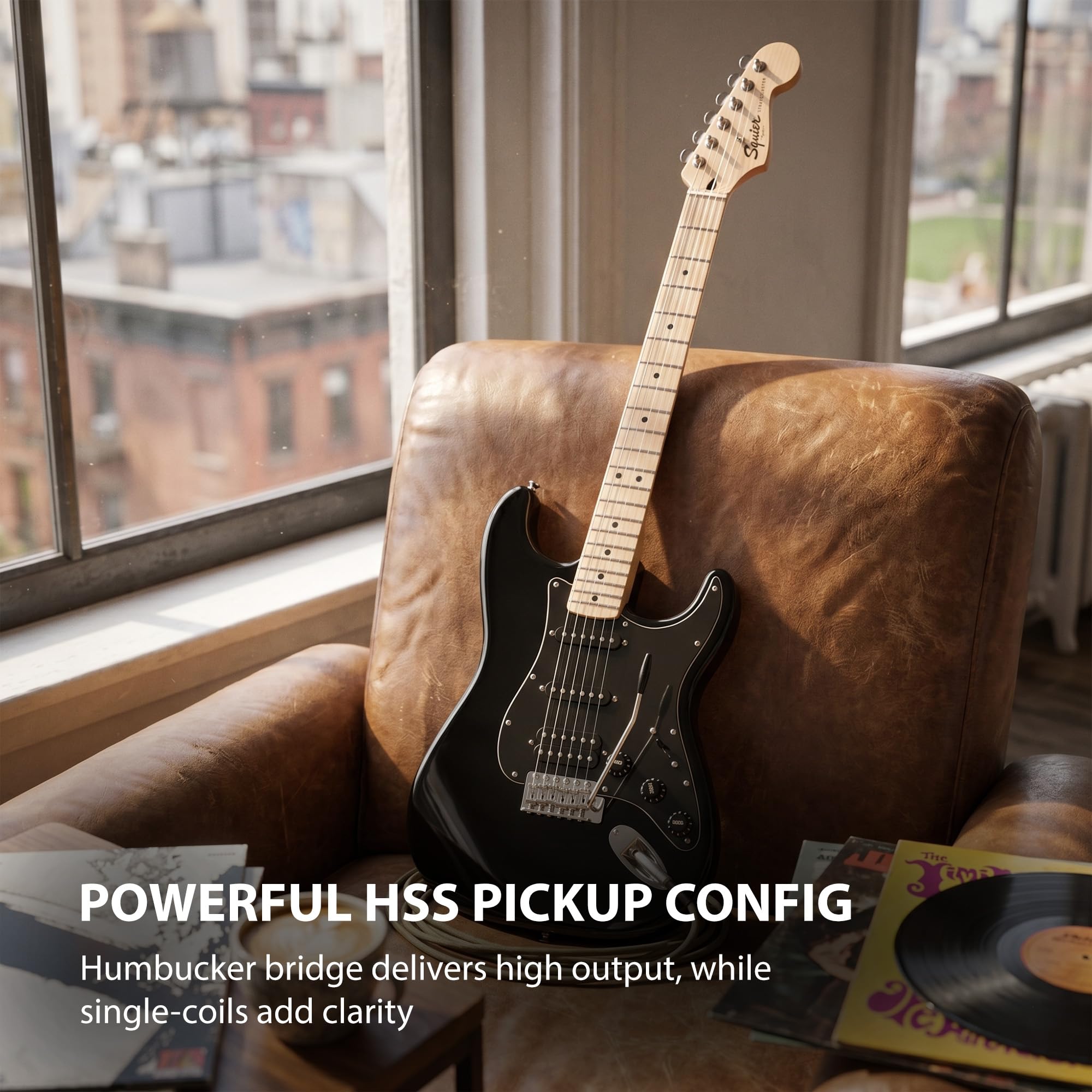 Fender Squier Sonic Stratocaster HSS - Black w/ Mustang Micro Headphone Amplifier