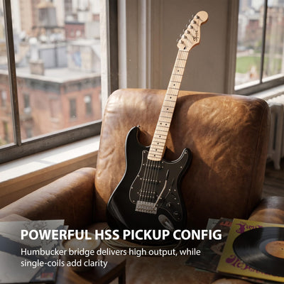 Fender Squier Sonic Stratocaster HSS - Black w/ Mustang Micro Headphone Amplifier
