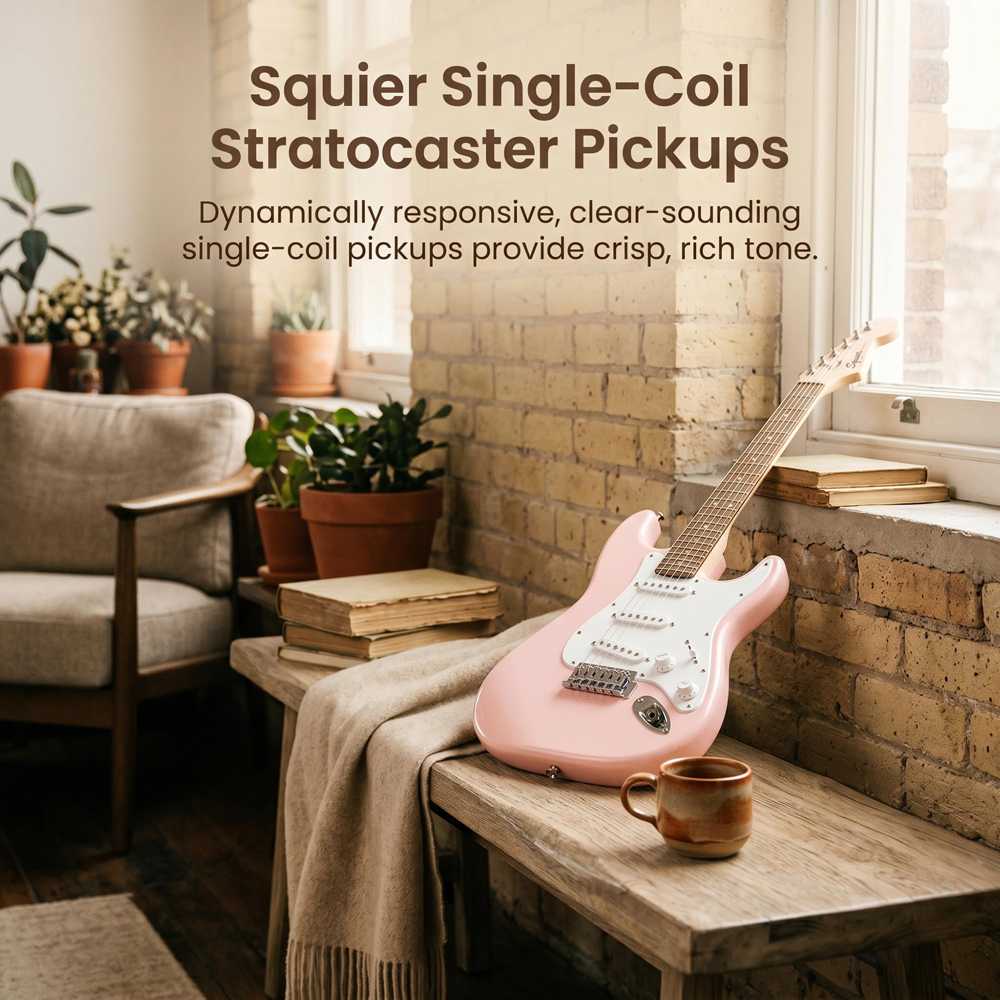 Fender Squier 3/4-Size Kids Mini Strat Electric Guitar - Shell Pink w/ Amplifier