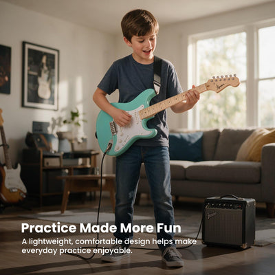 Fender Squier 3/4-Size Kids Mini Strat Electric Guitar - Sea Foam Green w/ Amplifier