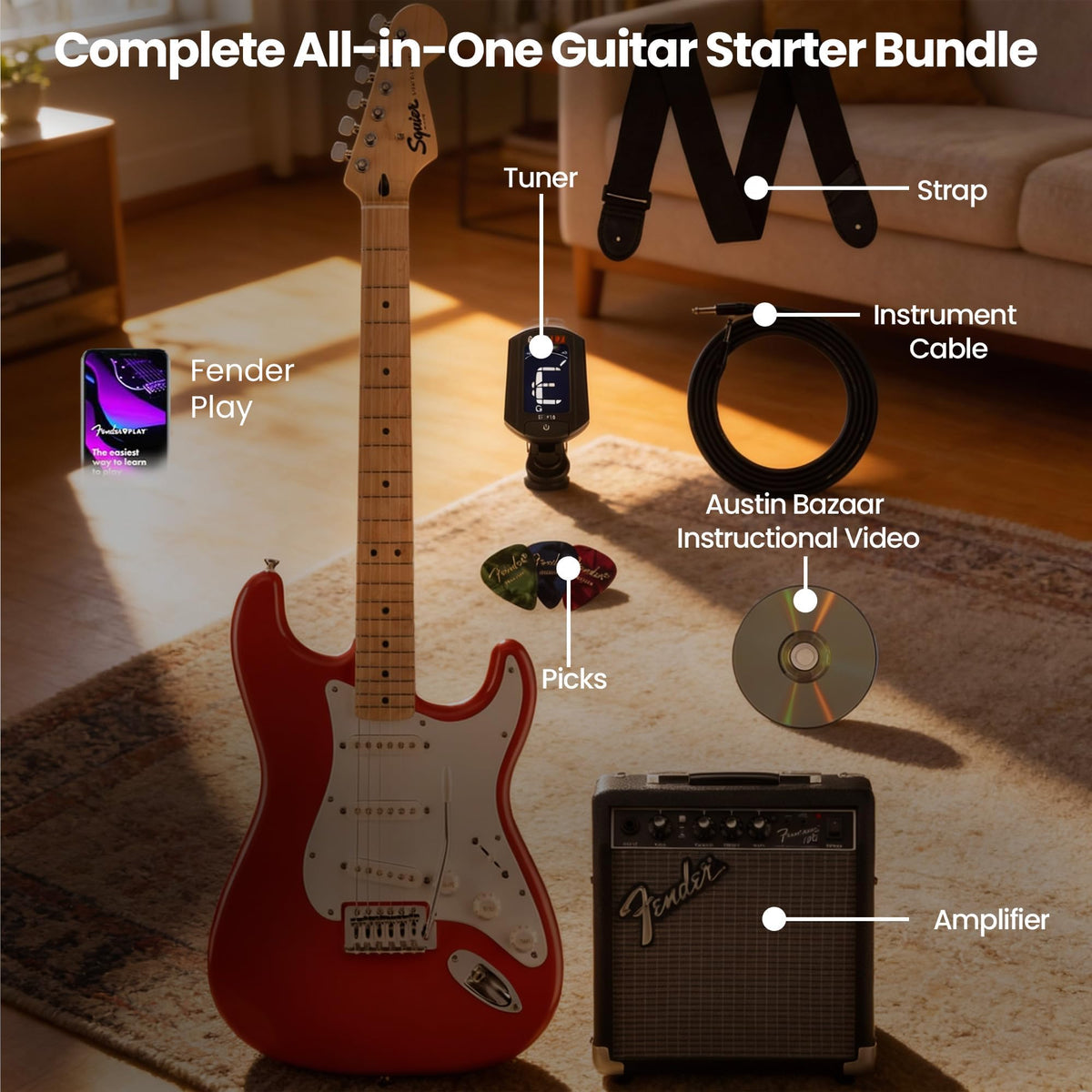 Fender Squier Sonic Stratocaster - Fiesta Red w/ Amplifier
