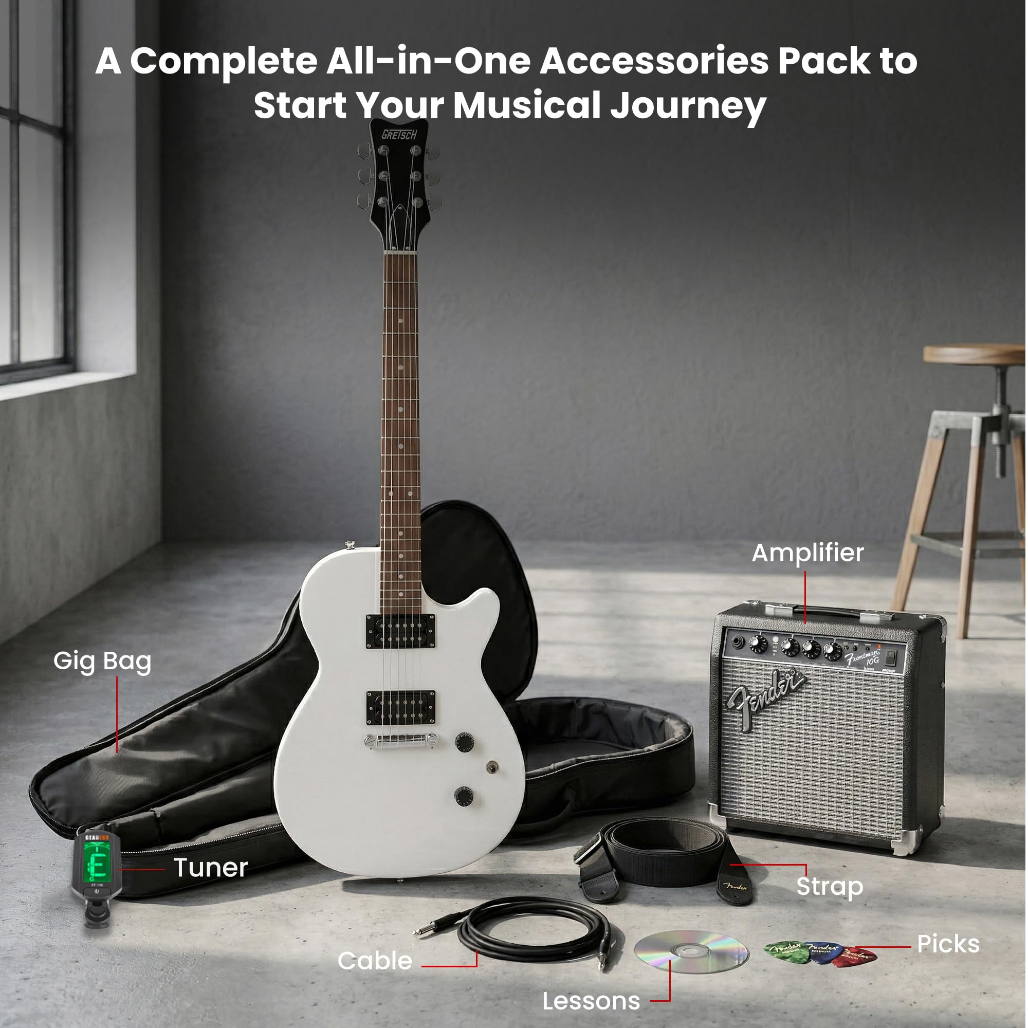Gretsch Ignite Jet Club Electric Guitar - Lightning White w/ Frontman 10G Amplifier