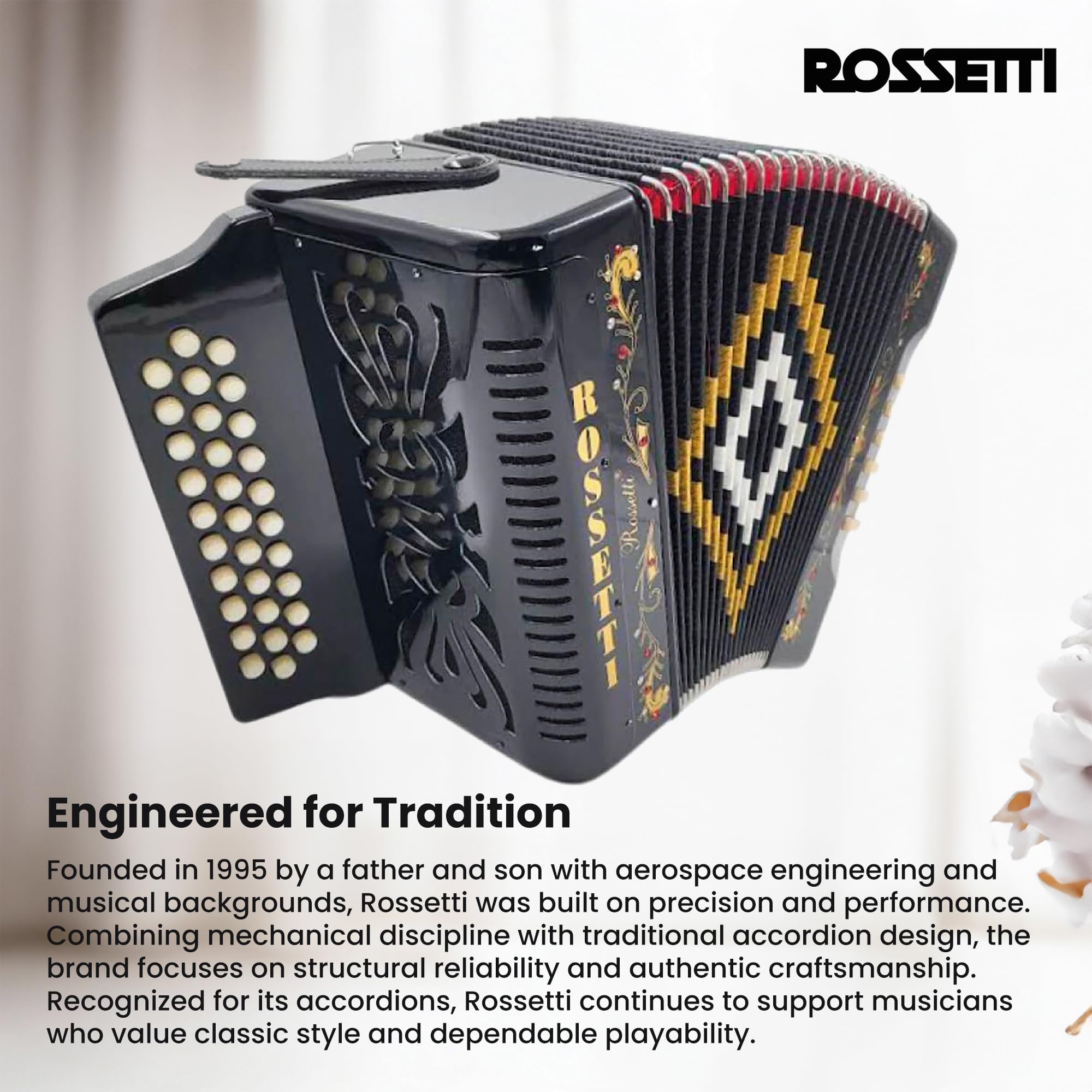 Rossetti 3112 31-Button 12-Bass Diatonic Accordion, Key of GCF - Gloss Black w/ Hard Case