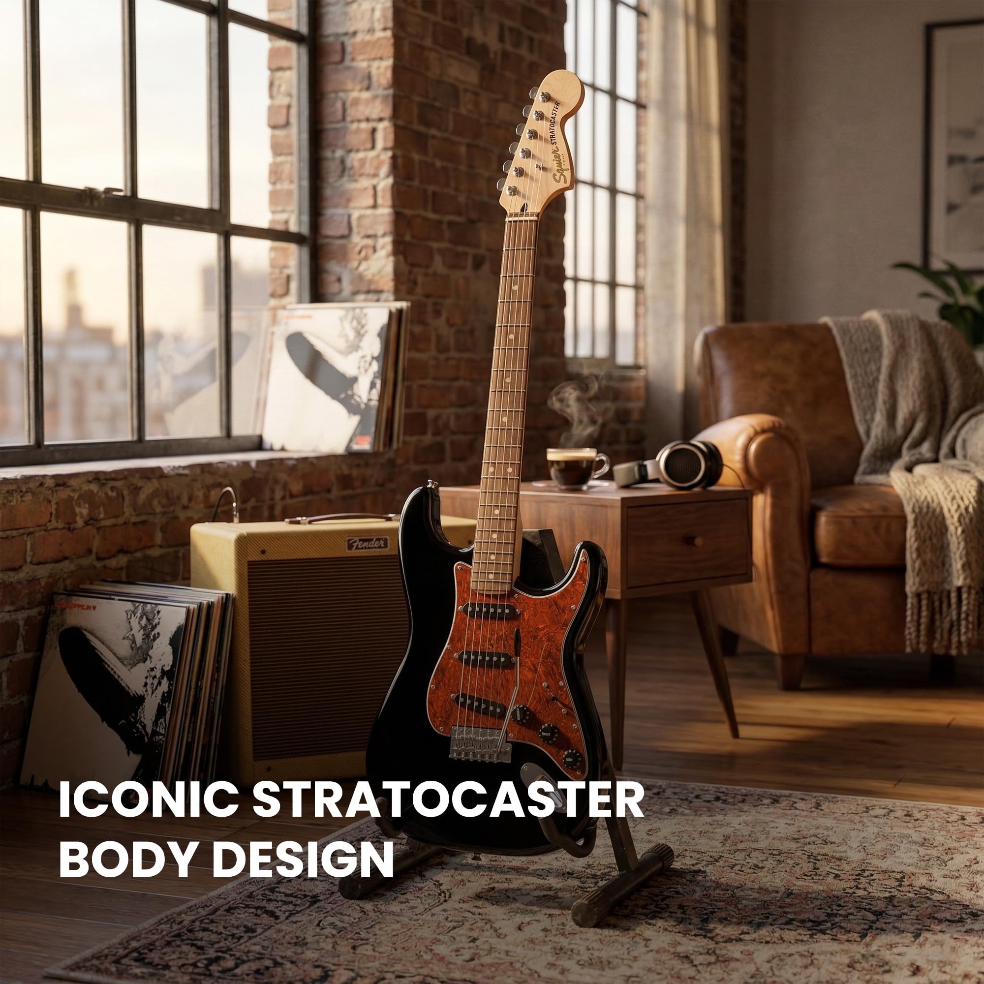 Fender Squier Affinity Stratocaster - Black Limited Edition Tortoise Shell Pickguard w/ Frontman 10G Amplifier