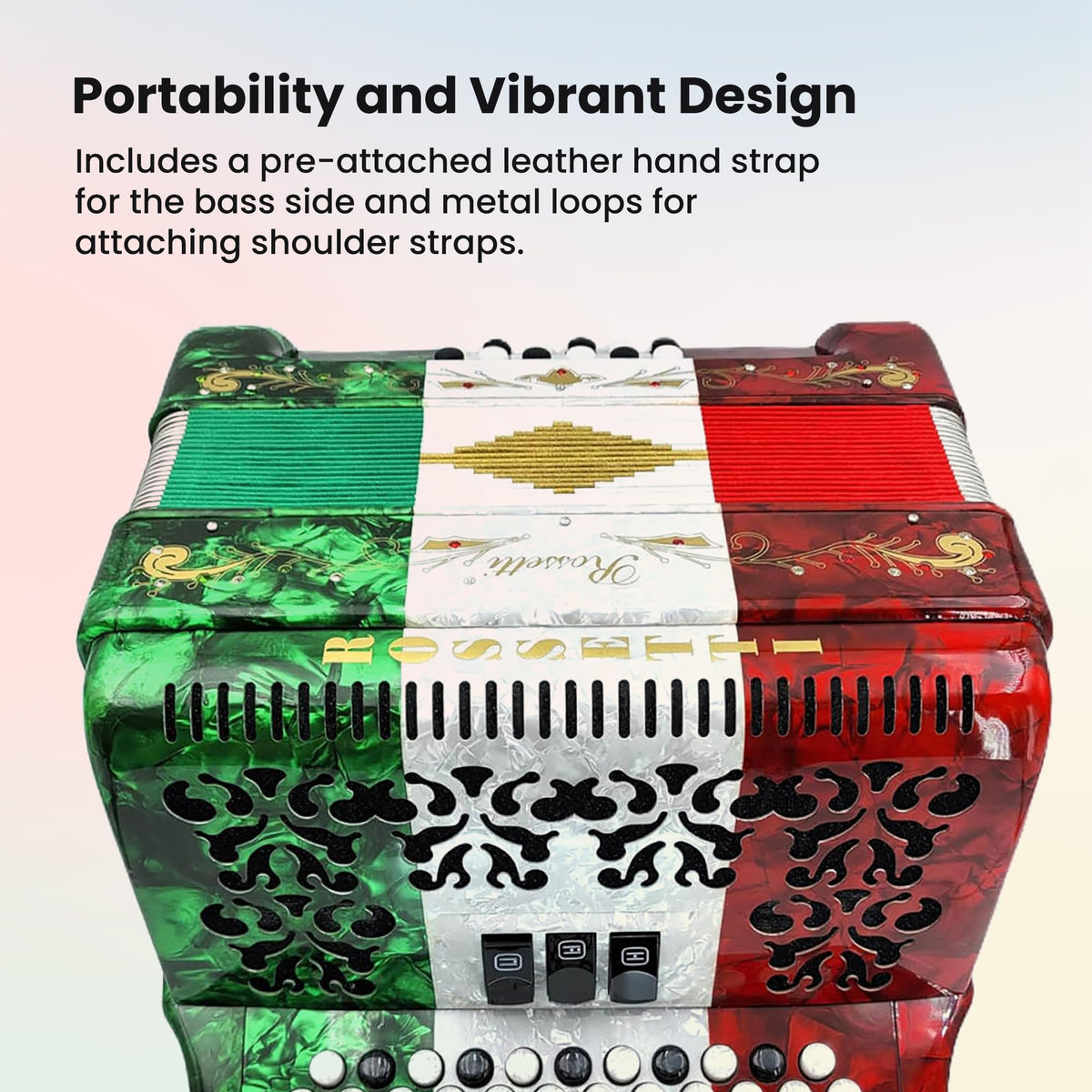 Rossetti 3412 34-Button 12-Bass Diatonic Accordion, Key of GCF - Italian Flag Tricolor w/ Hard Case
