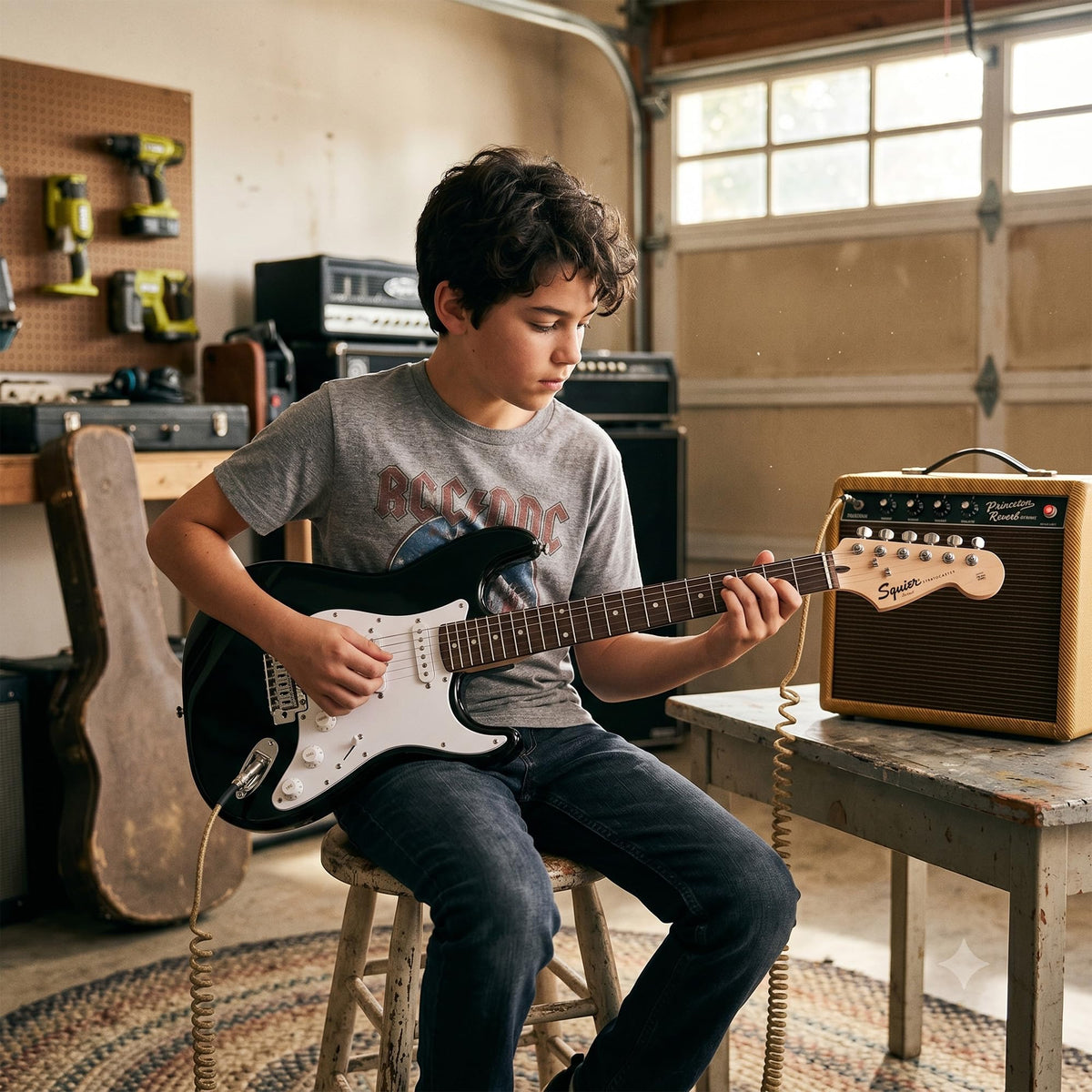 Fender Squier 3/4-Size Kids Mini Strat Electric Guitar, Left Handed - Black w/ Amplifier
