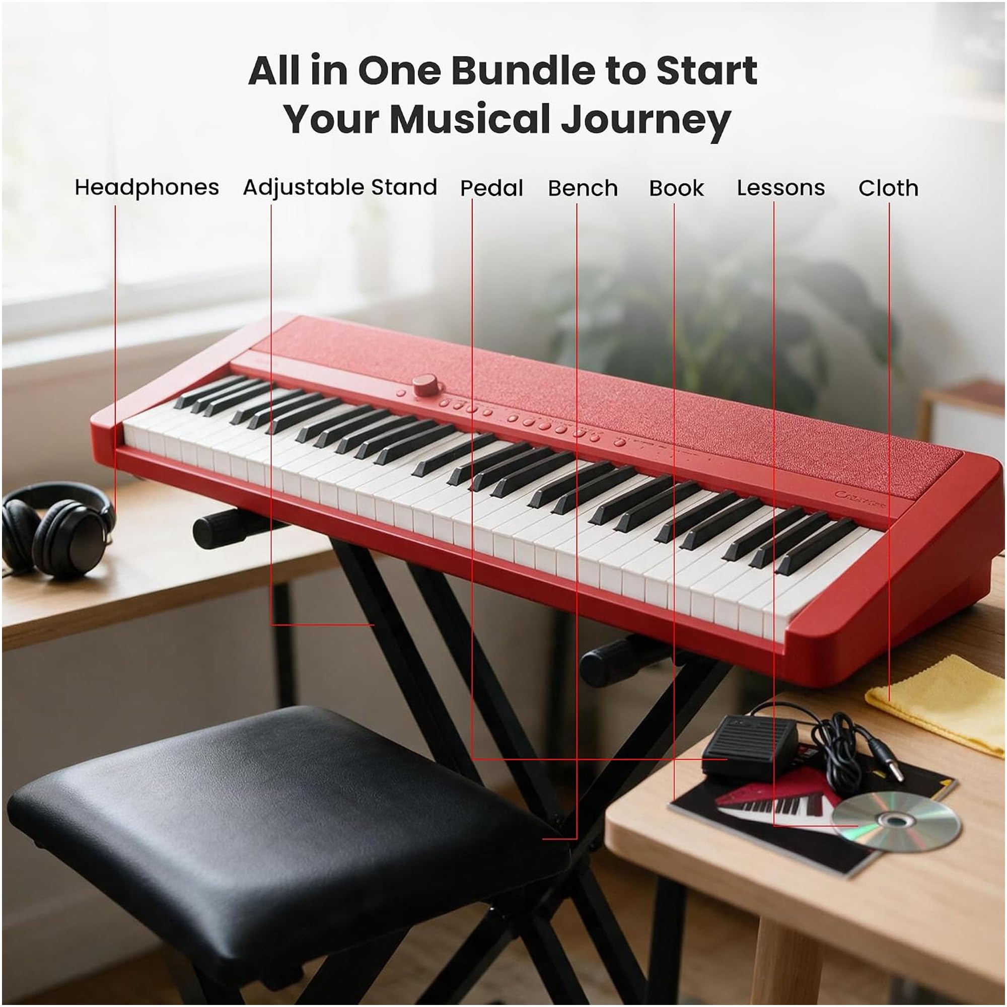 Casio CT-S1 Casiotone 61-Key Keyboard - Red w/ Adjustable Stand