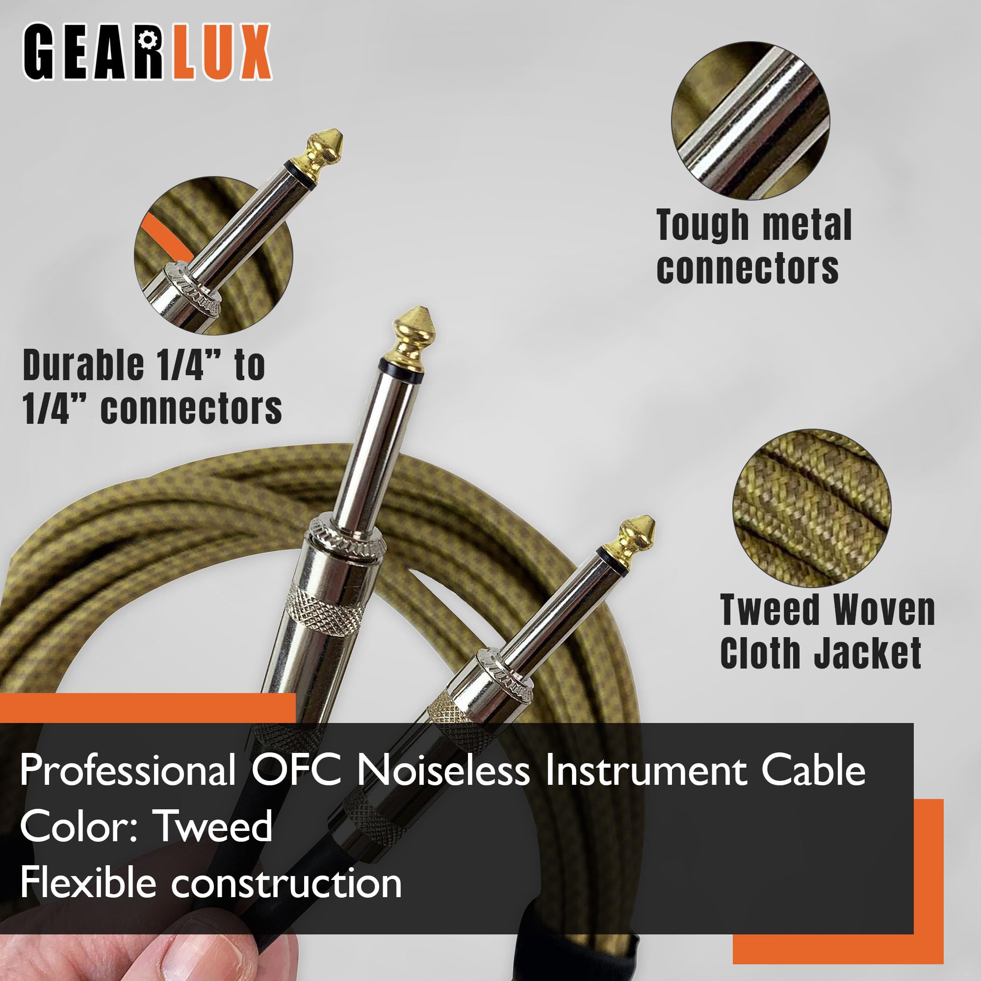 Gearlux Instrument Cable, 1/4 Inch, Straight-Straight, Tweed, 25 Foot