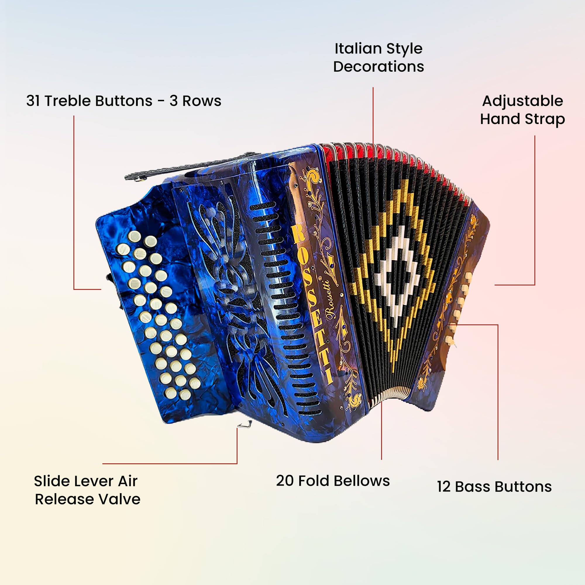 Rossetti 3112 31-Button 12-Bass Diatonic Accordion, Key of FBE - Blue w/ Hard Case
