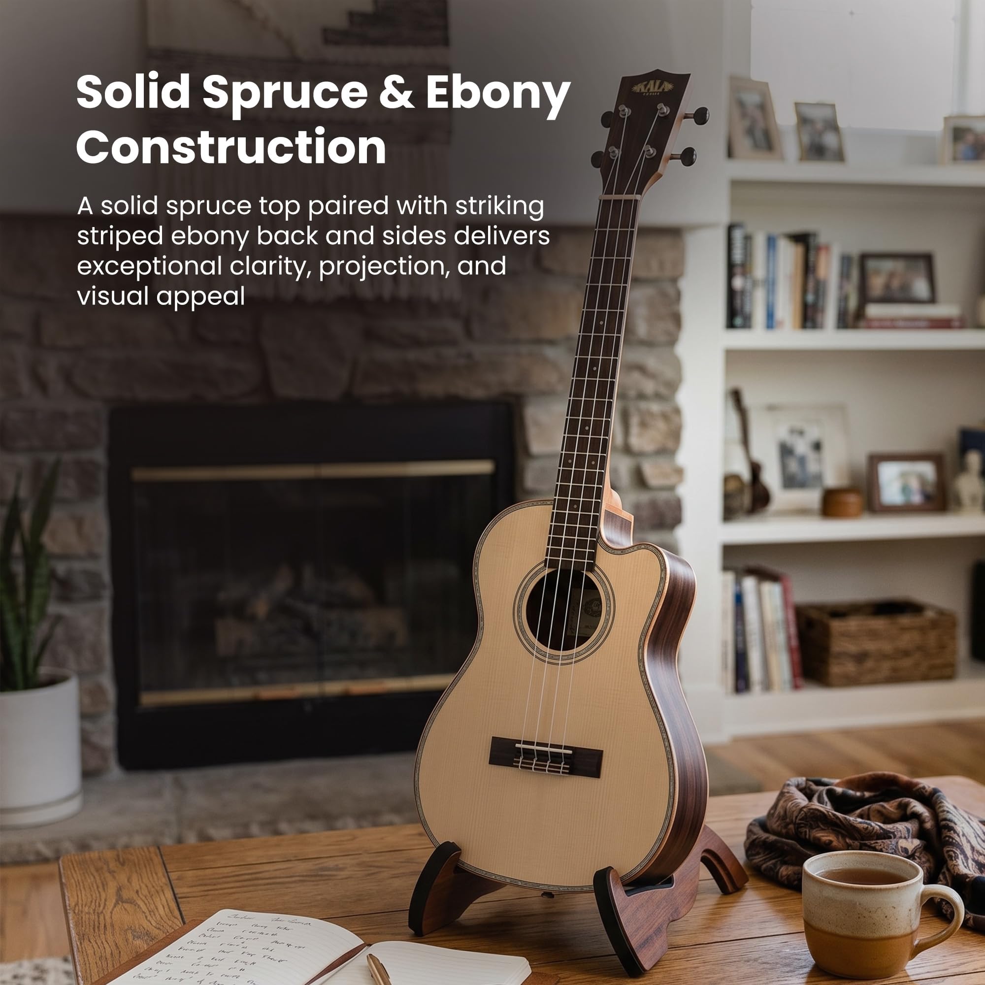 Kala KA-SSEBY-B-CE Solid Spruce Top Striped Ebony Baritone Cutaway Acoustic-Electric Ukulele