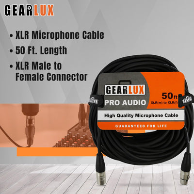 Gearlux 50-Foot XLR Microphone Cable, Fully Balanced, Male to Female, Black - 2 Pack