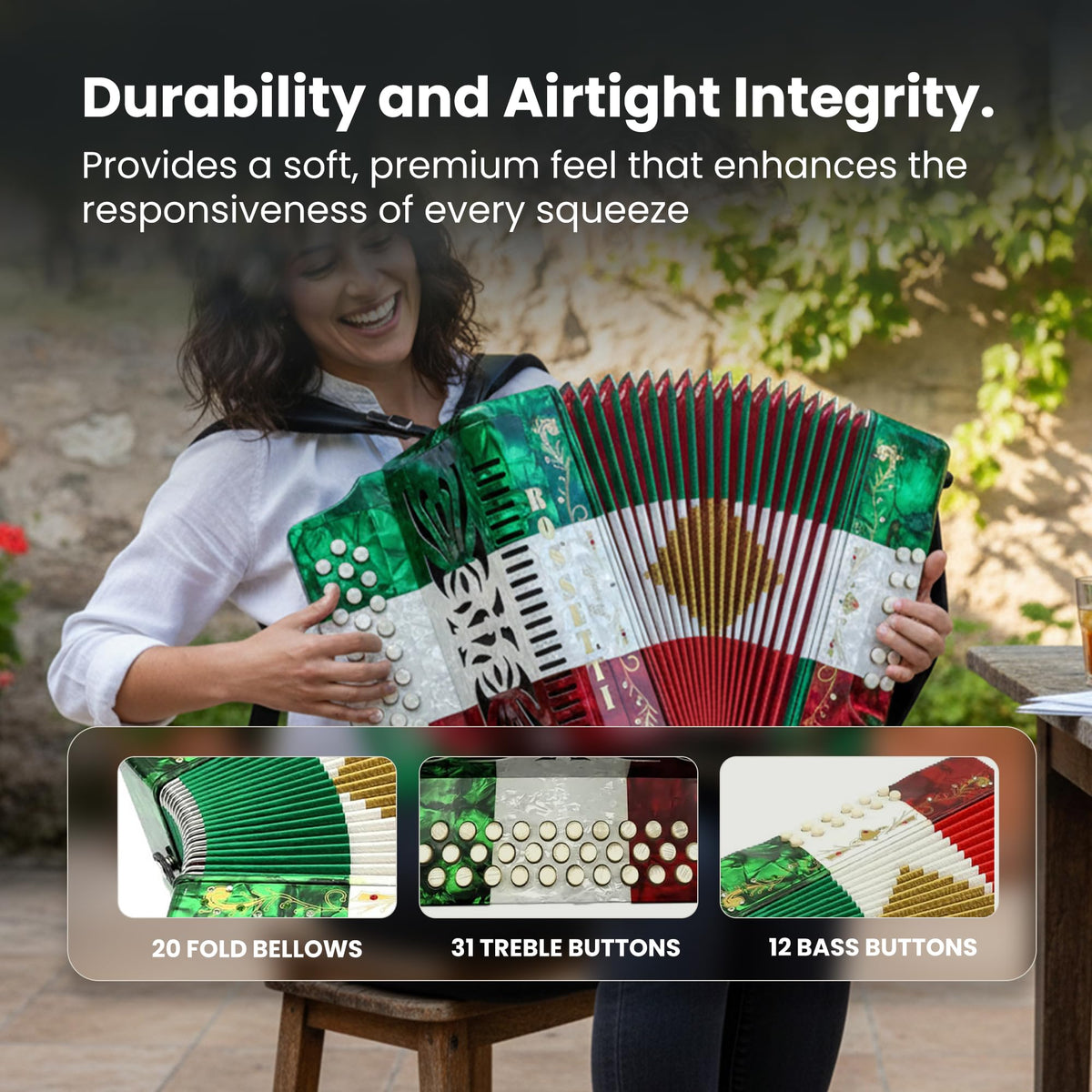 Rossetti 3112 31-Button 12-Bass Diatonic Accordion, Key of GCF - Italian Flag Tricolor w/ Hard Case