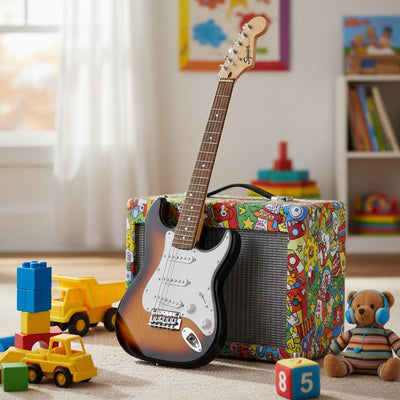 Fender Squier 3/4-Size Kids Mini Strat Electric Guitar - Sunburst w/ Amplifier