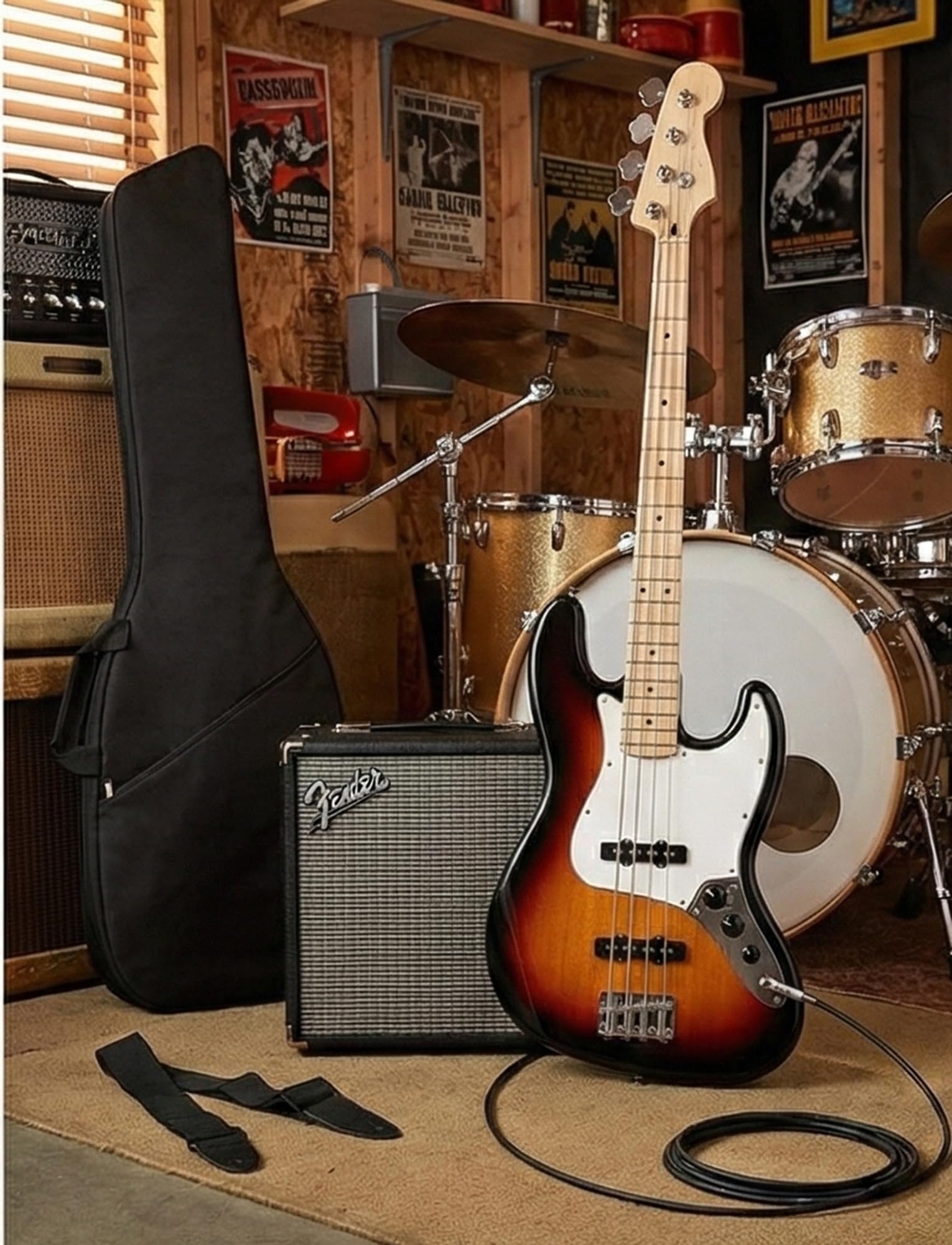 Fender Squier Affinity Jaguar Bass H - Black w/ Rumble 15 Amplifier