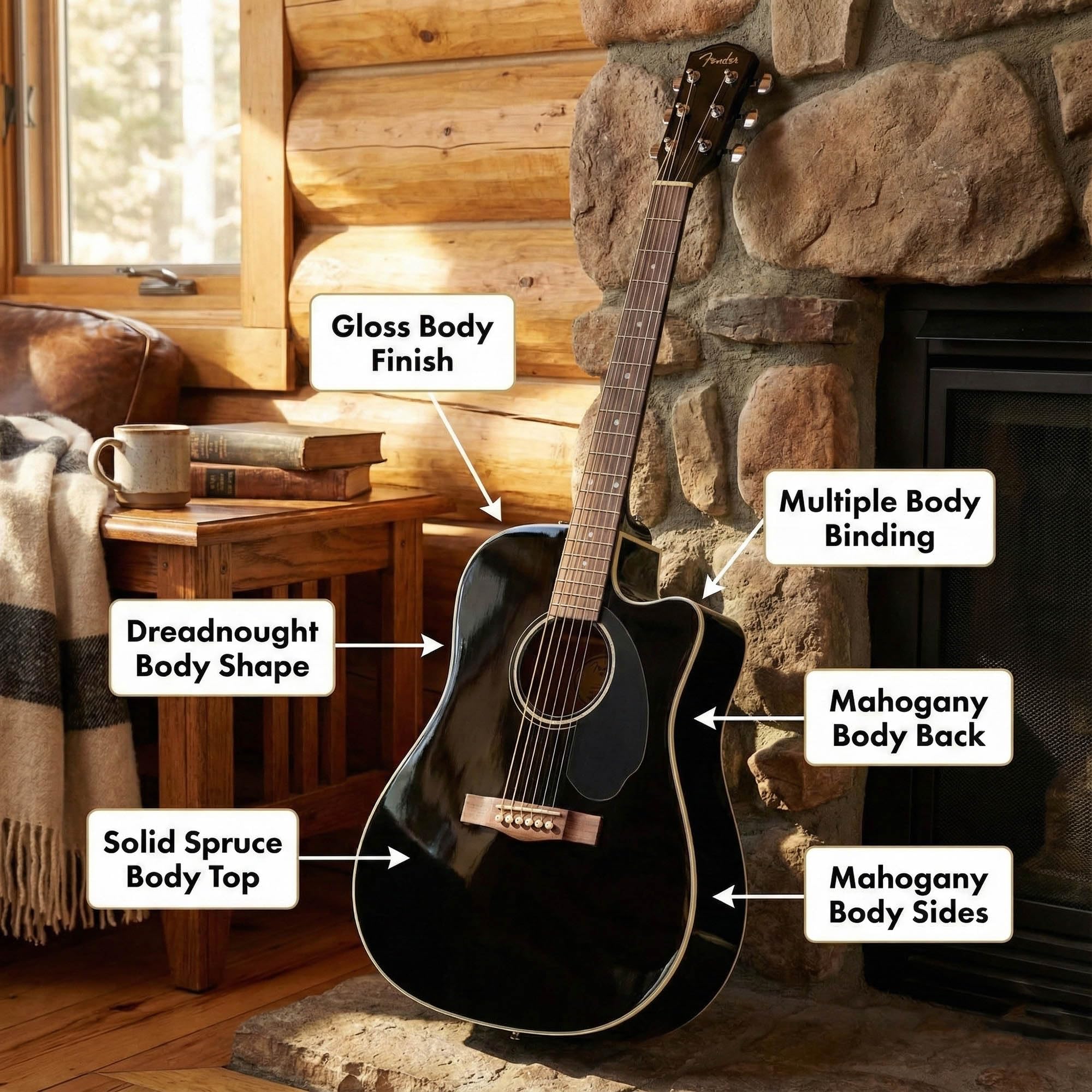 Fender CD-60SCE Solid Top Dreadnought Acoustic-Electric Guitar - Black w/ Hard Case