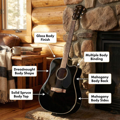 Fender CD-60SCE Solid Top Dreadnought Acoustic-Electric Guitar - Black w/ Hard Case