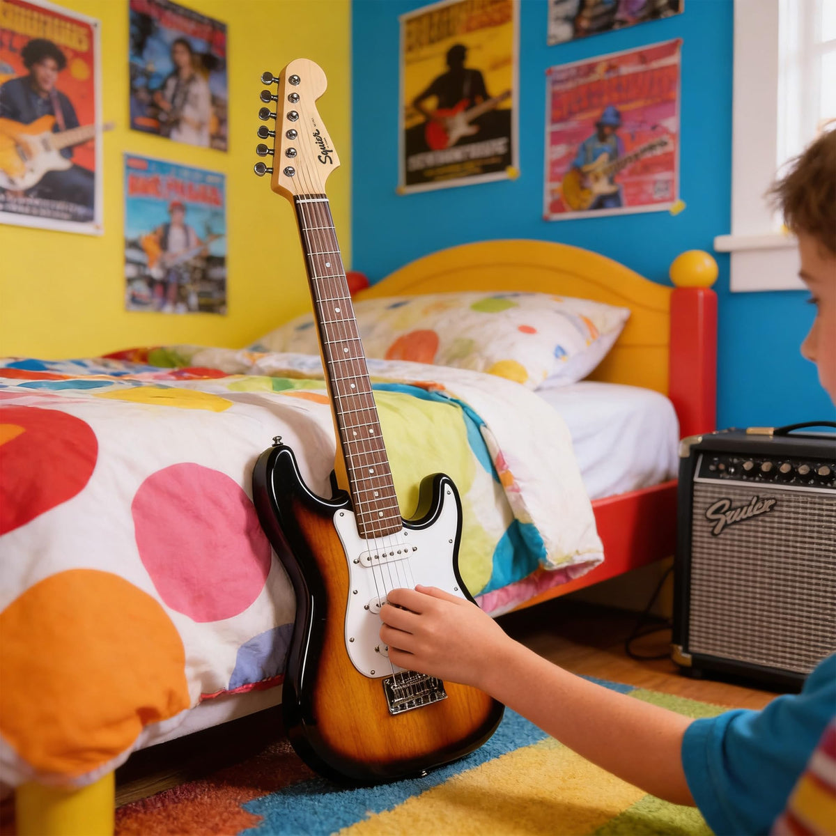 Fender Squier 3/4-Size Kids Mini Strat Electric Guitar - Sunburst w/ Amplifier