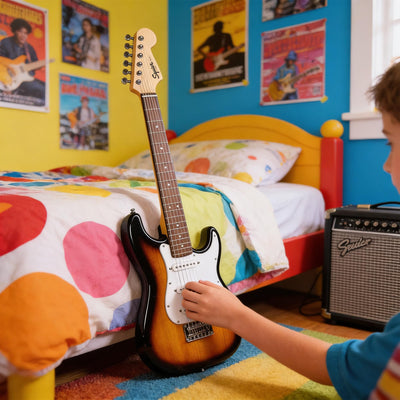 Fender Squier 3/4-Size Kids Mini Strat Electric Guitar - Sunburst w/ Amplifier