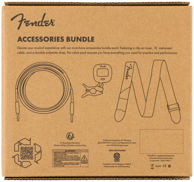 Fender Accessory Essentials Pack Bundle with Cable, Clip-On Tuner, Strap, 3-Pack Picks, and Austin Bazaar Polishing Cloth