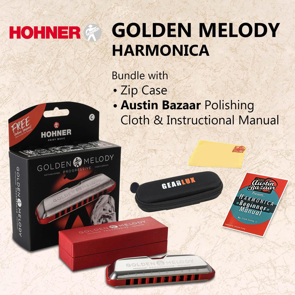 Hohner 544 Golden Melody Harmonica - Key of C w/ Instructional Manual