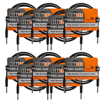 Gearlux 6-Foot Instrument Cable, 1/4 Inch, Straight-Straight, Black - 10 Pack