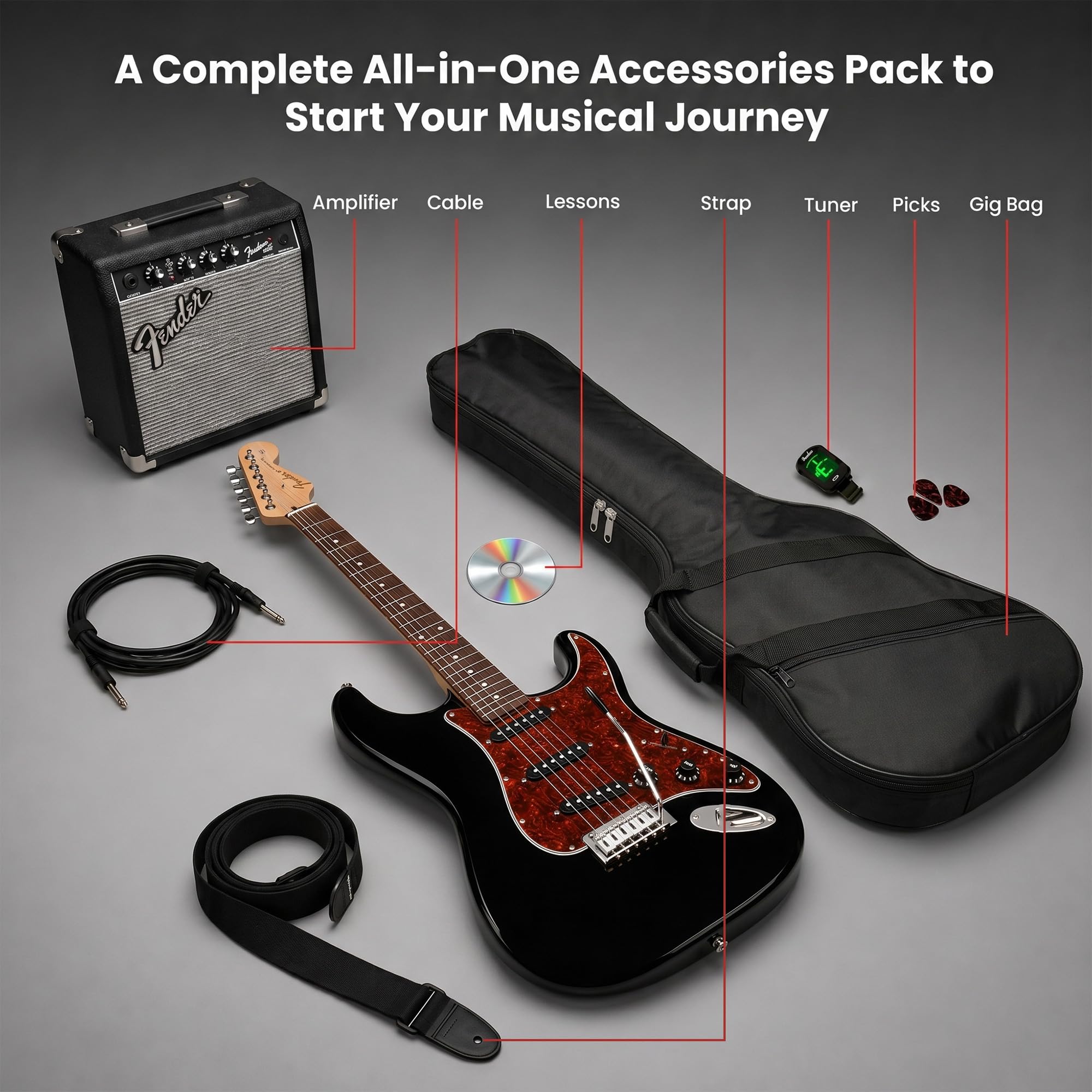 Fender Squier Affinity Stratocaster - Black Limited Edition Tortoise Shell Pickguard w/ Frontman 10G Amplifier
