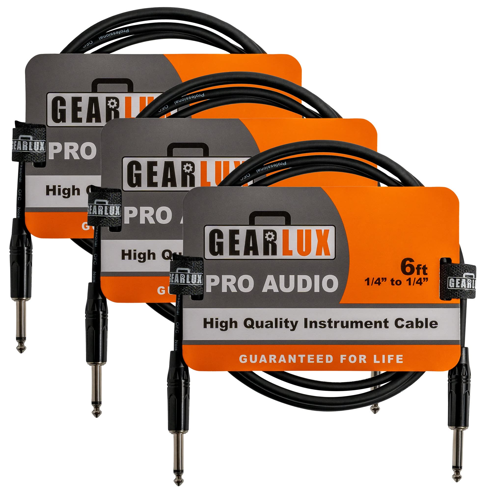 Gearlux 6-Foot Instrument Cable, 1/4 Inch, Straight-Straight, Black - 3 Pack