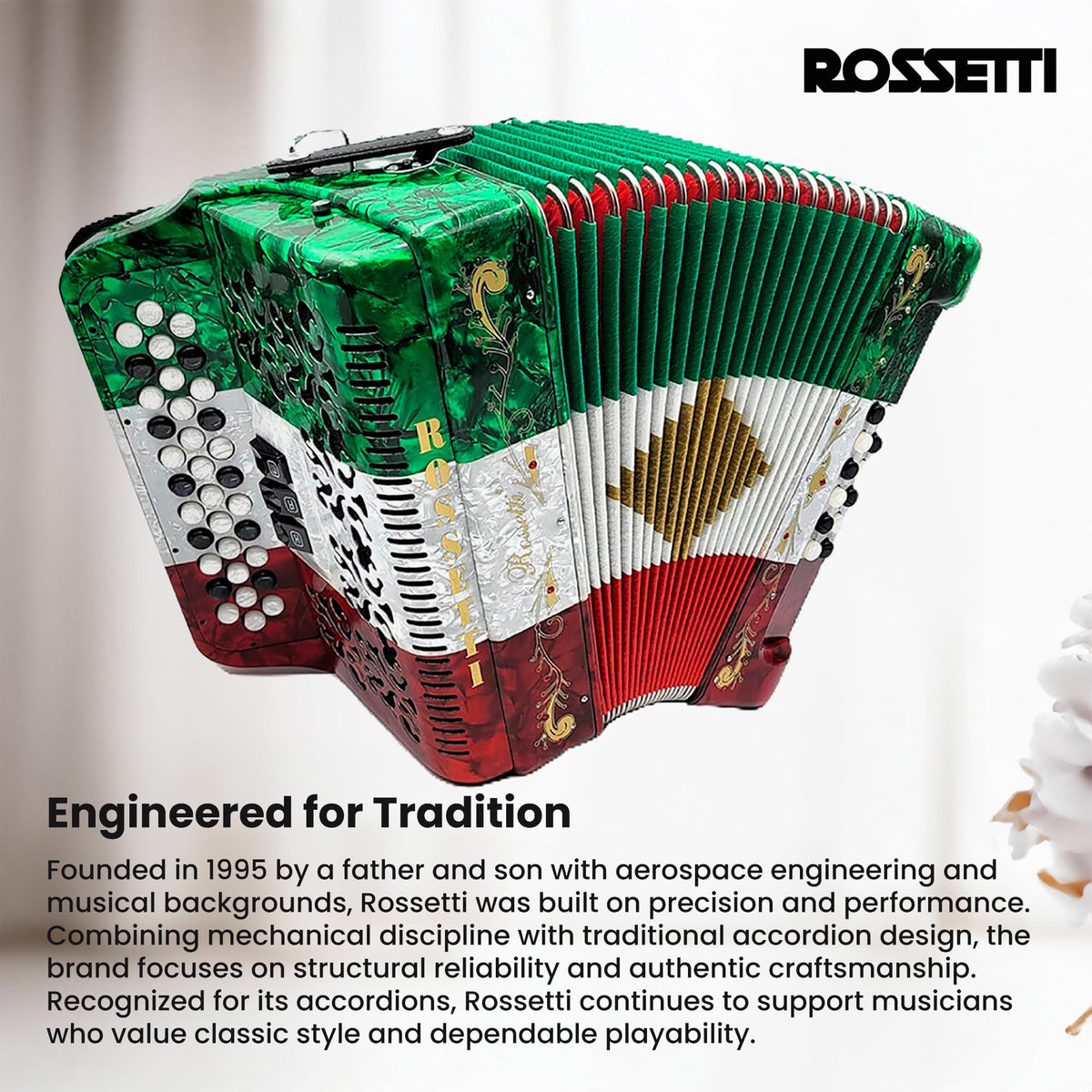 Rossetti 3412 34-Button 12-Bass Diatonic Accordion, Key of GCF - Italian Flag Tricolor w/ Hard Case