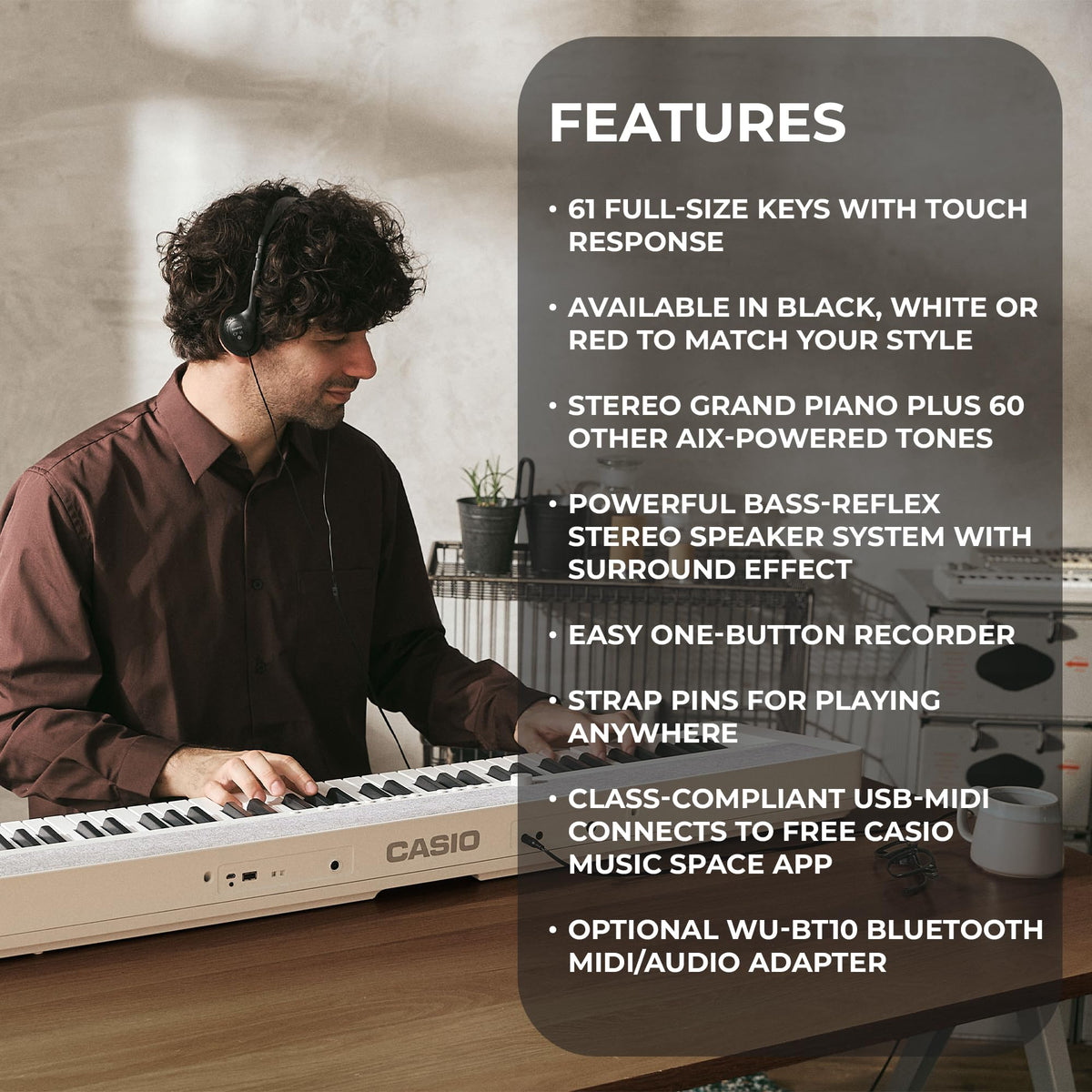 Casio CT-S1 Casiotone 61-Key Keyboard - White w/ Adjustable Stand
