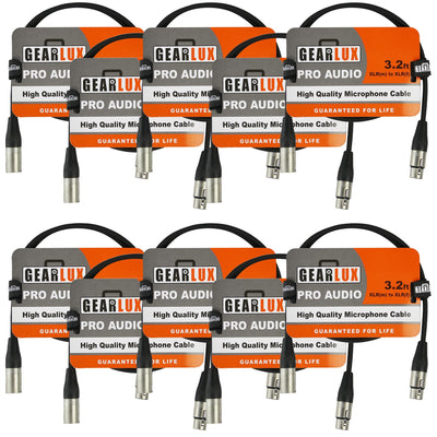 Gearlux 3.2-Foot XLR Microphone Cable, Fully Balanced, Male to Female, Black - 10 Pack