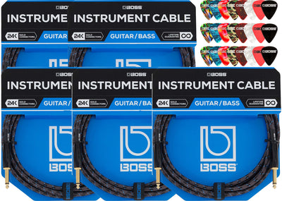 Boss BIC-25 25-Foot Instrument Cable, Straight-Straight - 5 Pack w/ Picks