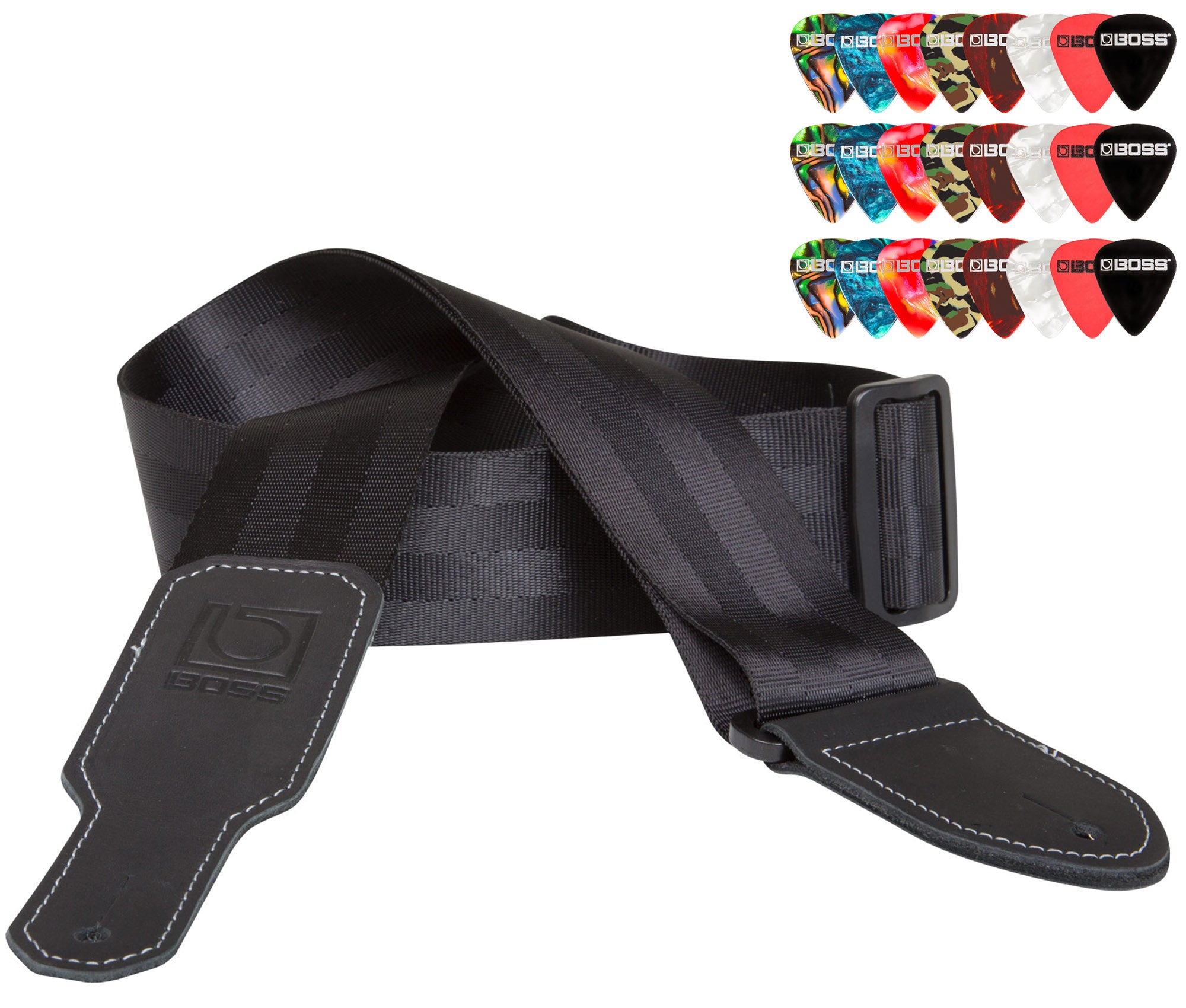 BOSS BSB-20 2-Inch Seatbelt Guitar Strap - Black w/ Picks