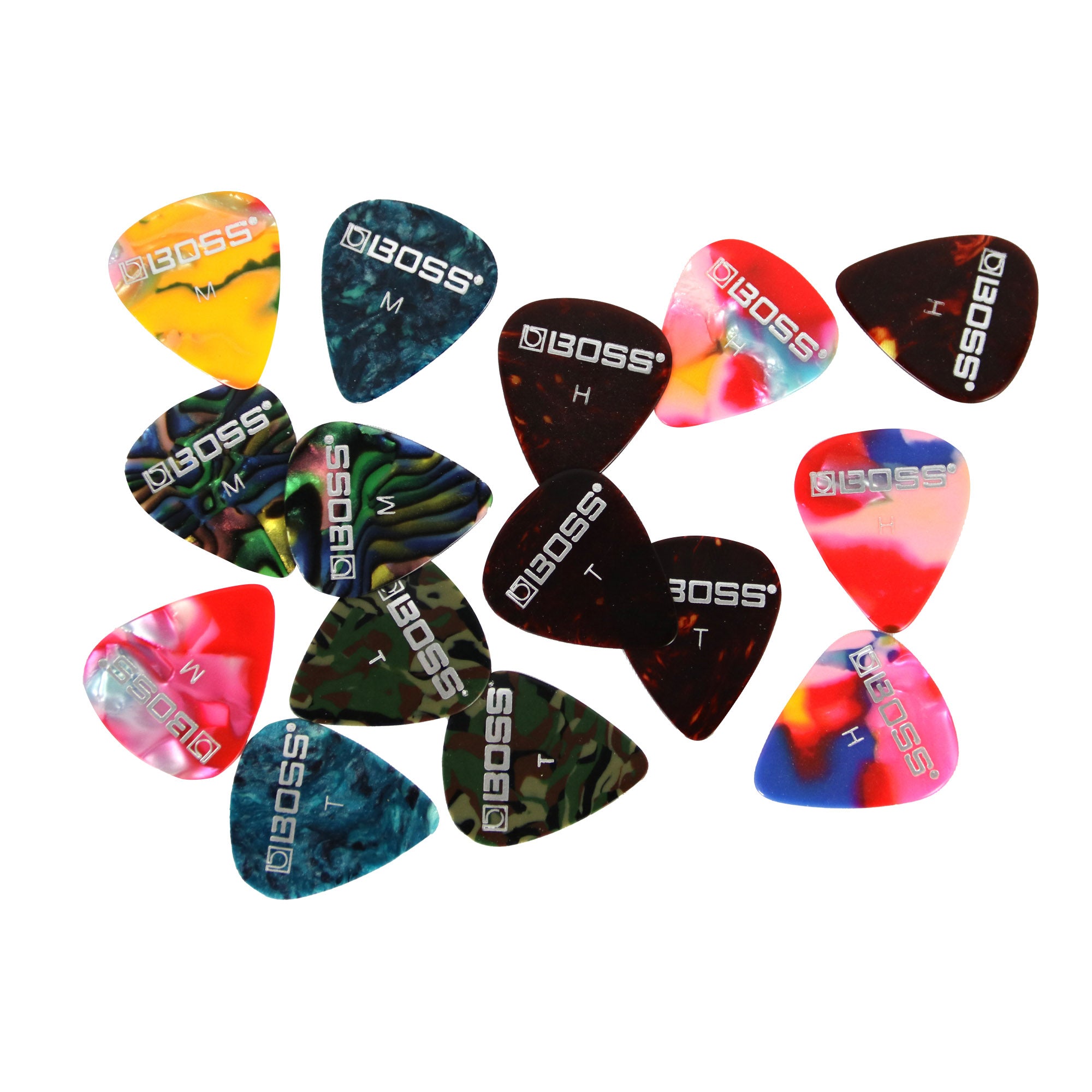 Boss Celluloid Guitar Picks - Multicolor 15 Pack with Thin, Medium & Heavy Gauges