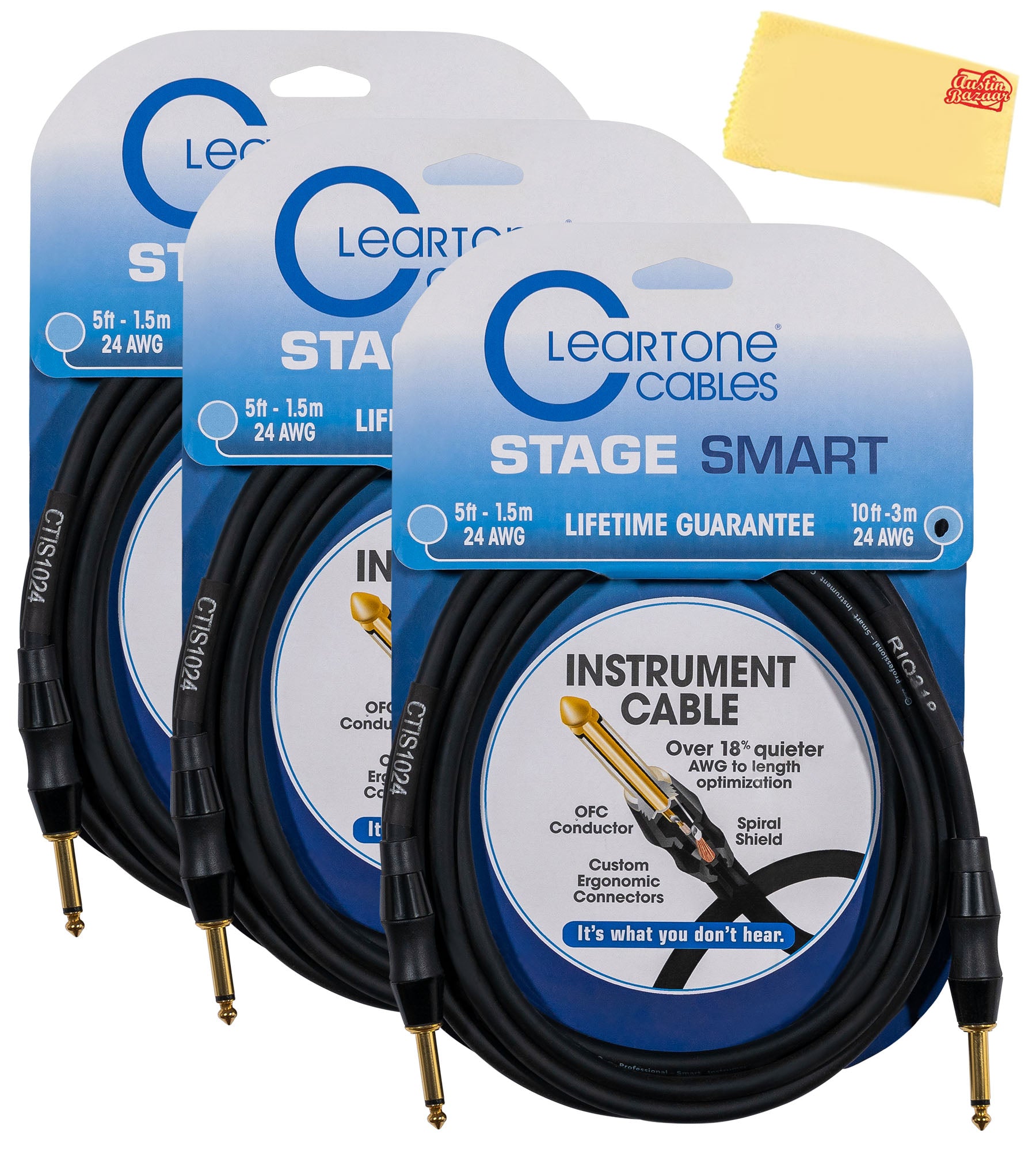 Cleartone 10-Foot Stage Smart Instrument Cable, Straight-Straight, 24 AWG - 3 Pack