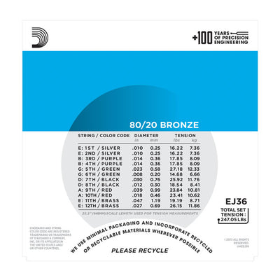 D'Addario EJ36 12-String Acoustic Guitar Strings, Light, 10-47