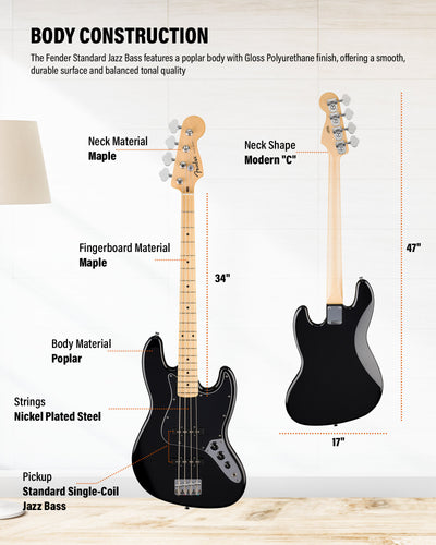 Fender Standard Jazz Bass - Black w/ Guitar Cleaning Kit
