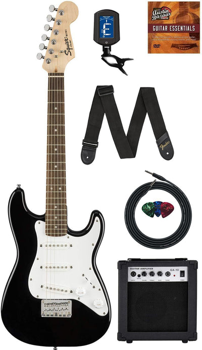 Fender Squier 3/4-Size Kids Mini Strat Electric Guitar - Black w/ Amplifier