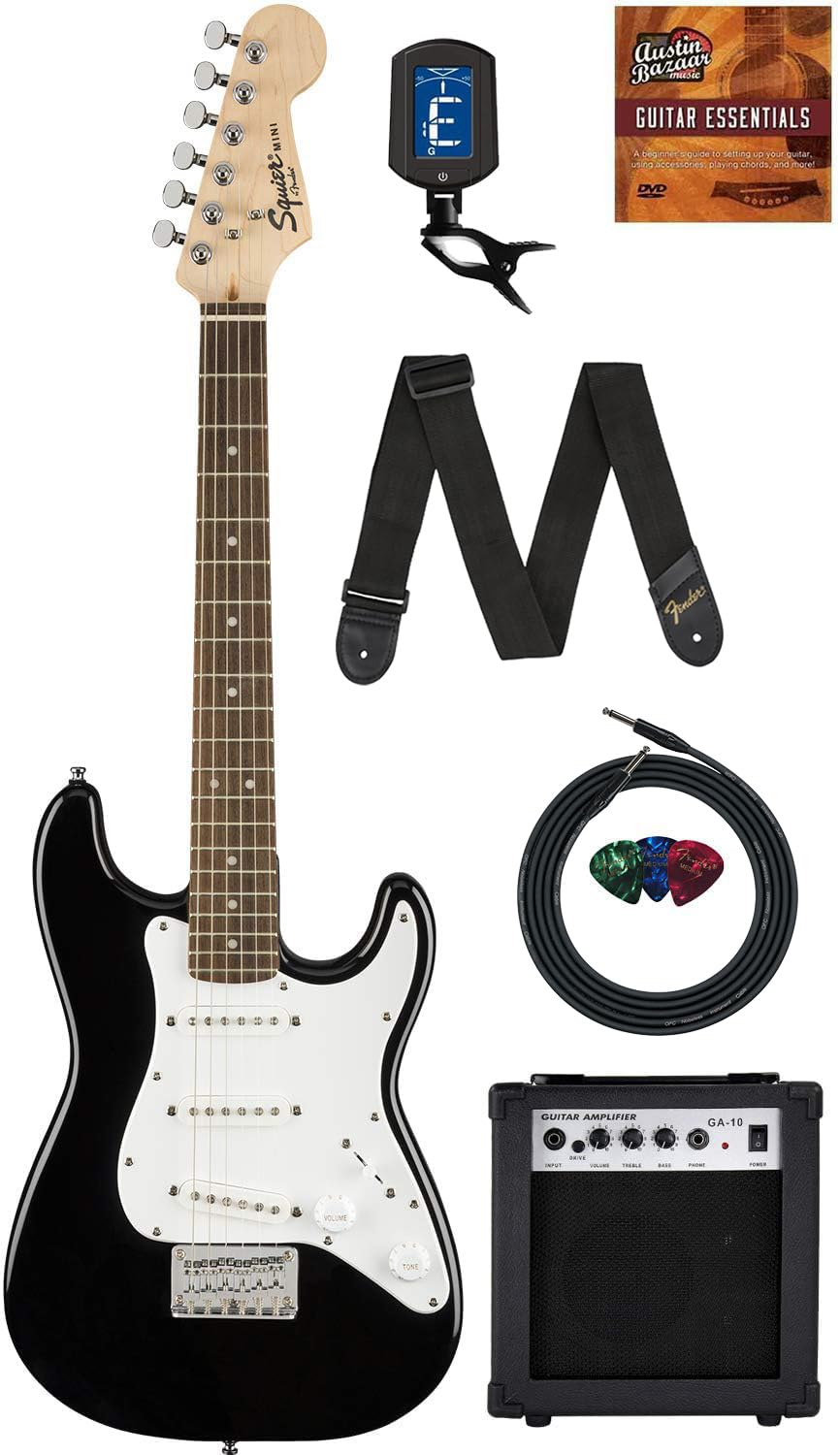 Fender Squier 3/4-Size Kids Mini Strat Electric Guitar - Black w/ Amplifier