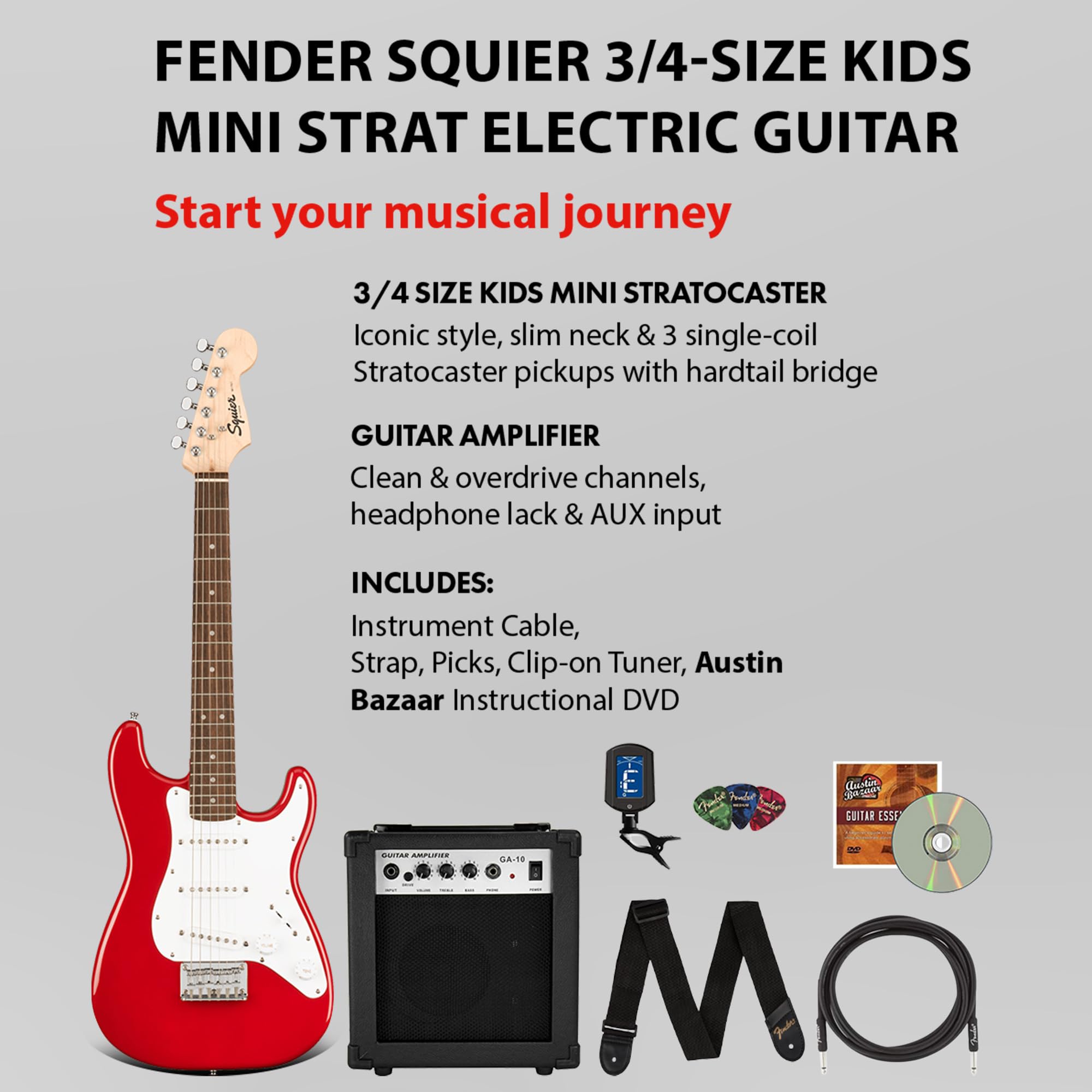 Fender Squier 3/4-Size Kids Mini Strat Electric Guitar - Dakota Red w/ Amplifier