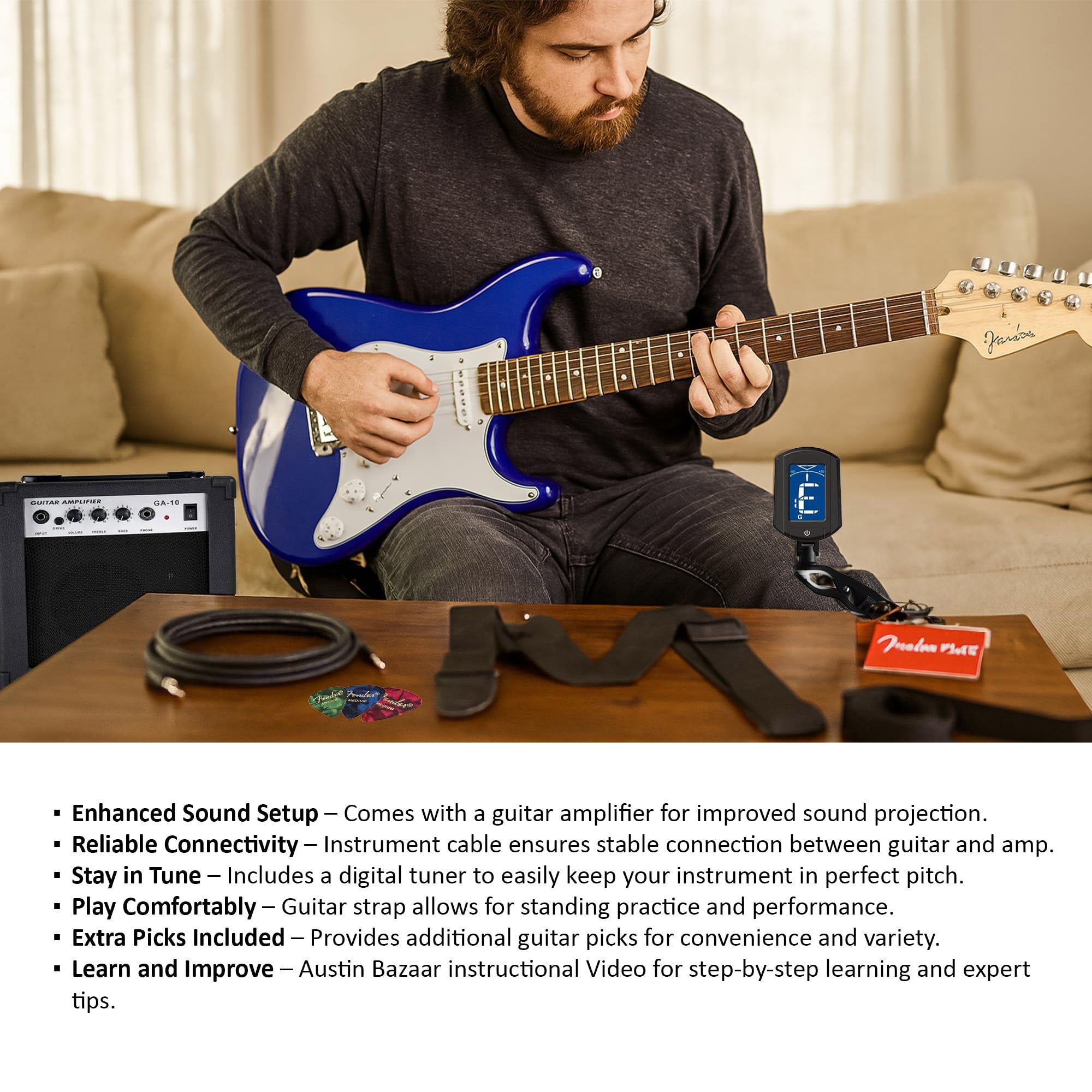 Fender Squier 3/4-Size Kids Mini Strat Electric Guitar - Imperial Blue w/ Amplifier