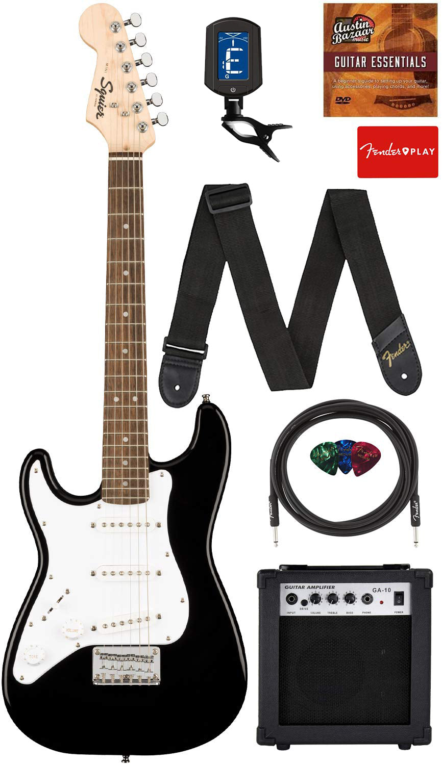 Fender Squier 3/4-Size Kids Mini Strat Electric Guitar, Left Handed - Black w/ Amplifier