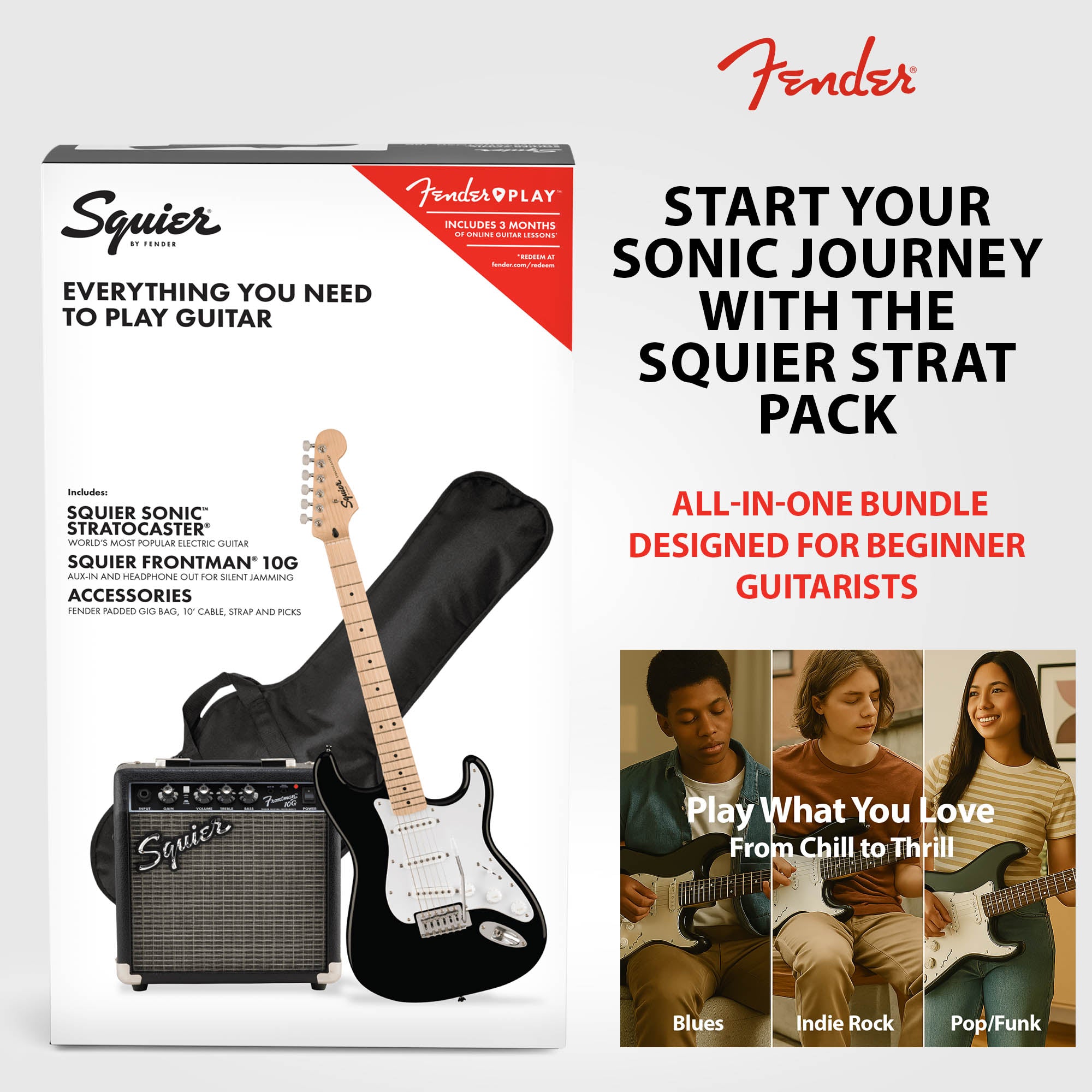 Fender Squier Sonic Strat Pack - Black w/ Frontman 10G Amplifier