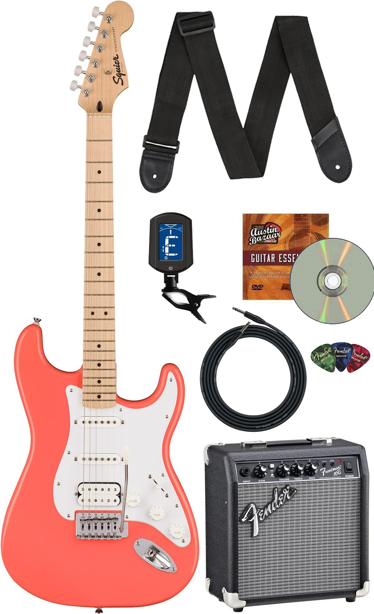 Fender Squier Sonic Stratocaster HSS - Tahititan Coral w/ Frontman 10G Amplifier