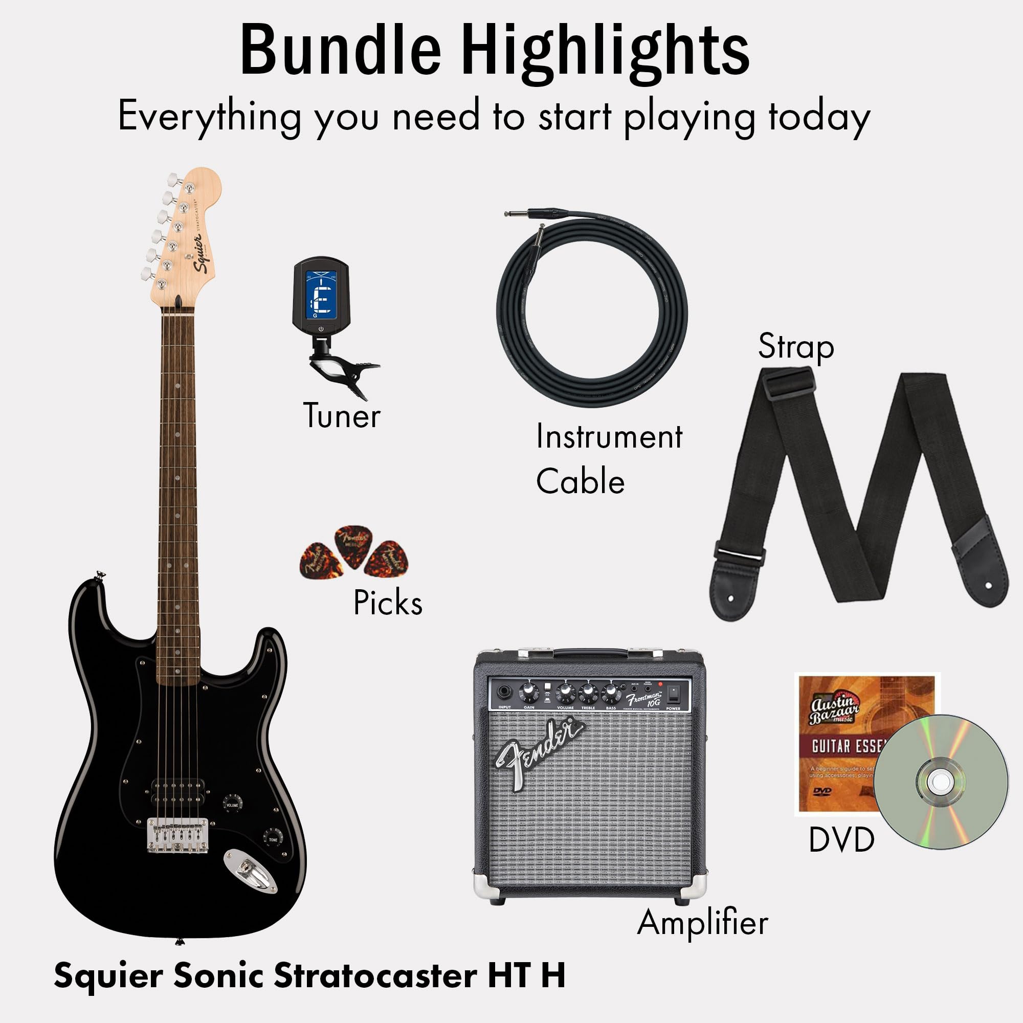 Fender Squier Sonic Stratocaster HT H - Black w/ Frontman 10G Amplifier
