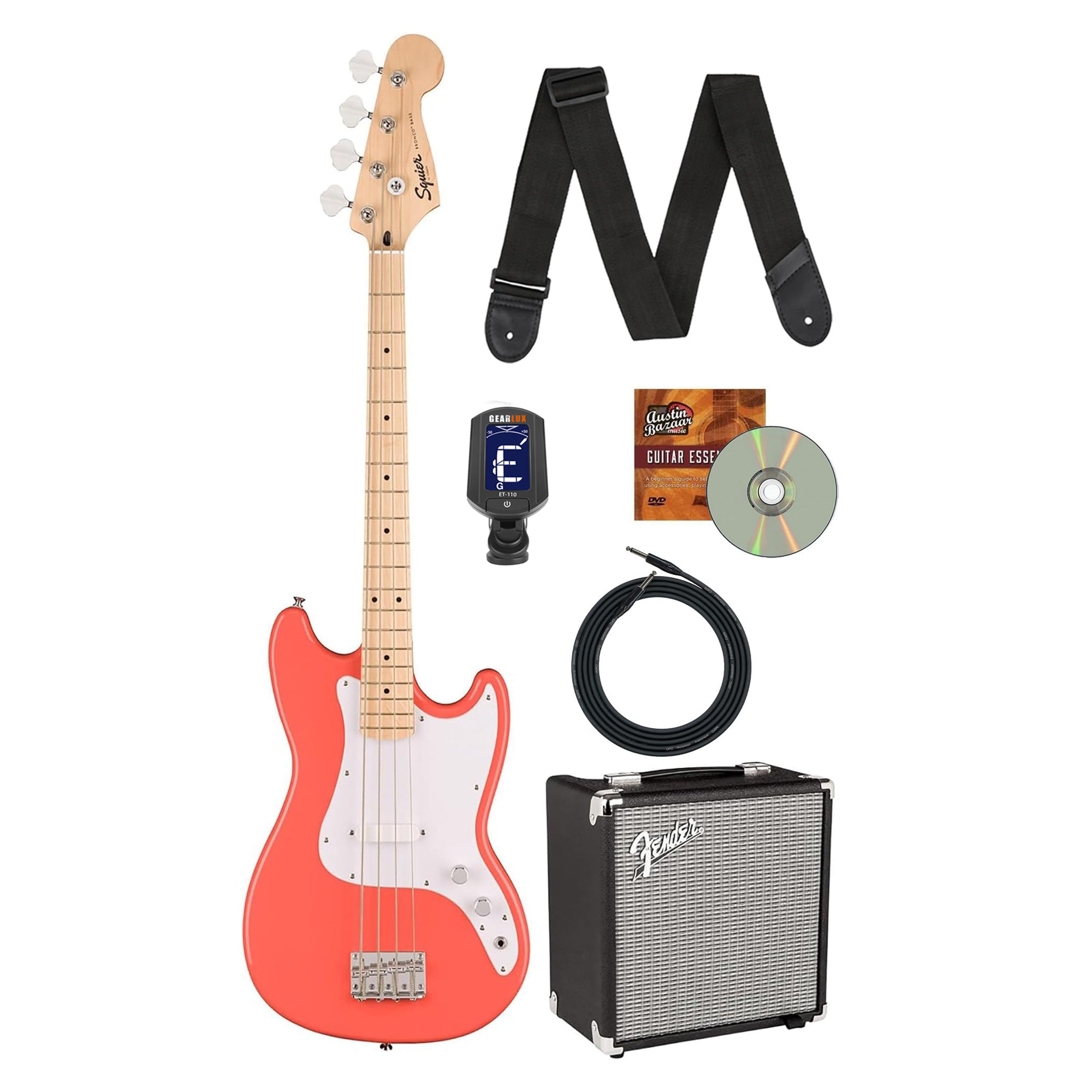 Fender Squier Sonic Bronco Bass - Tahitian Coral w/ Rumble 15 Amplifier