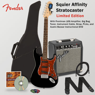 Fender Squier Affinity Stratocaster - Black Limited Edition Tortoise Shell Pickguard w/ Frontman 10G Amplifier