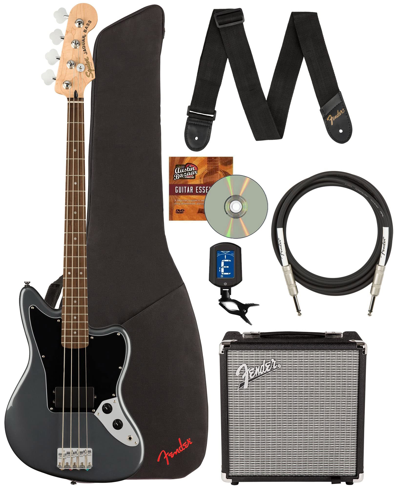 Fender Squier Affinity Jaguar Bass H - Charcoal Frost Metallic w/ Rumble 15 Amplifier
