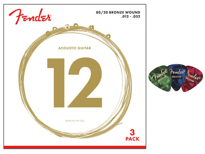 Fender 80/20 Bronze Acoustic Guitar Strings, Ball End - Light .012-.052 - 3 Pack w/ Picks